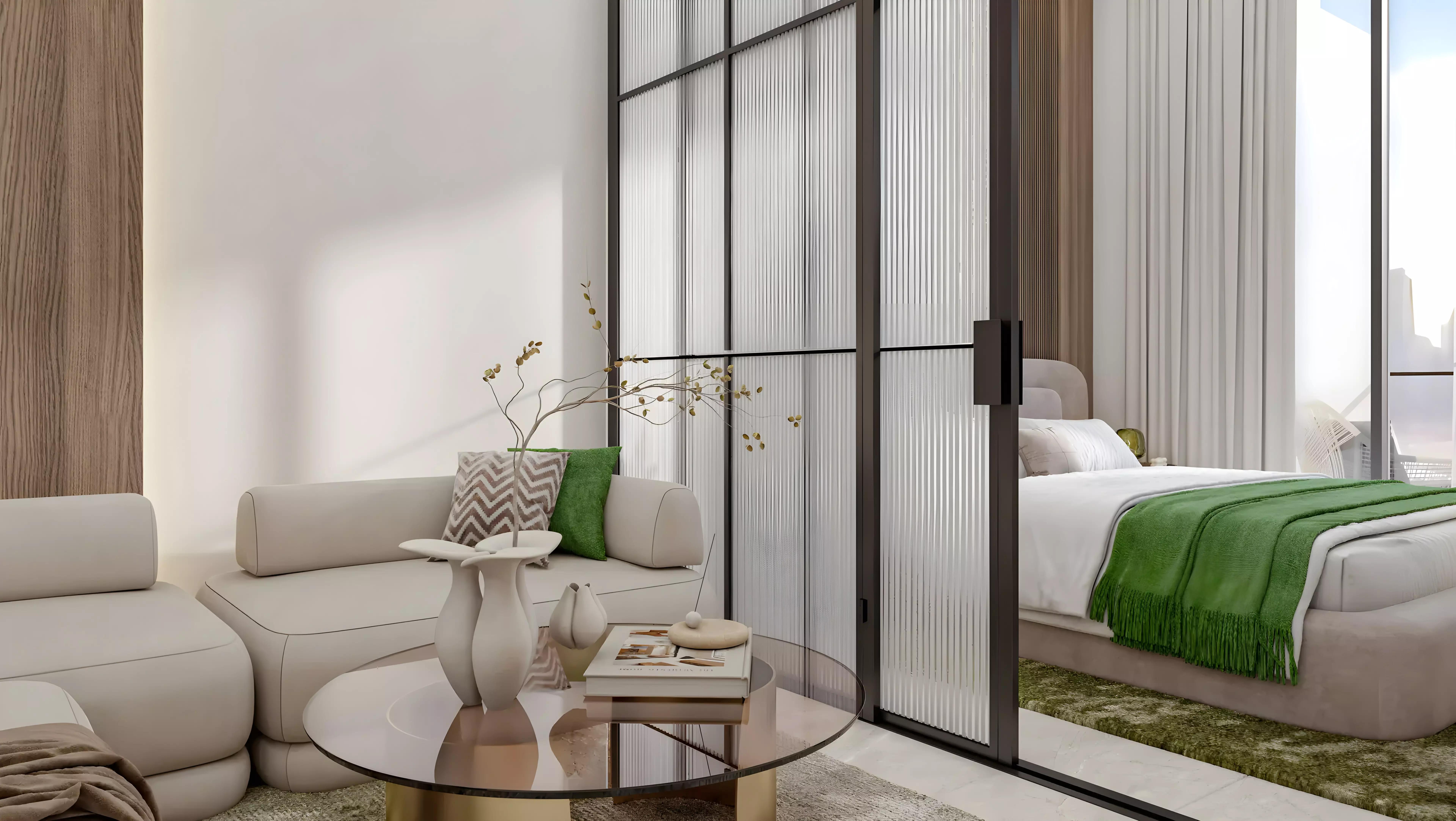 Golf Terrace Residences apartment interior living space, Dubai Production City, Dubai