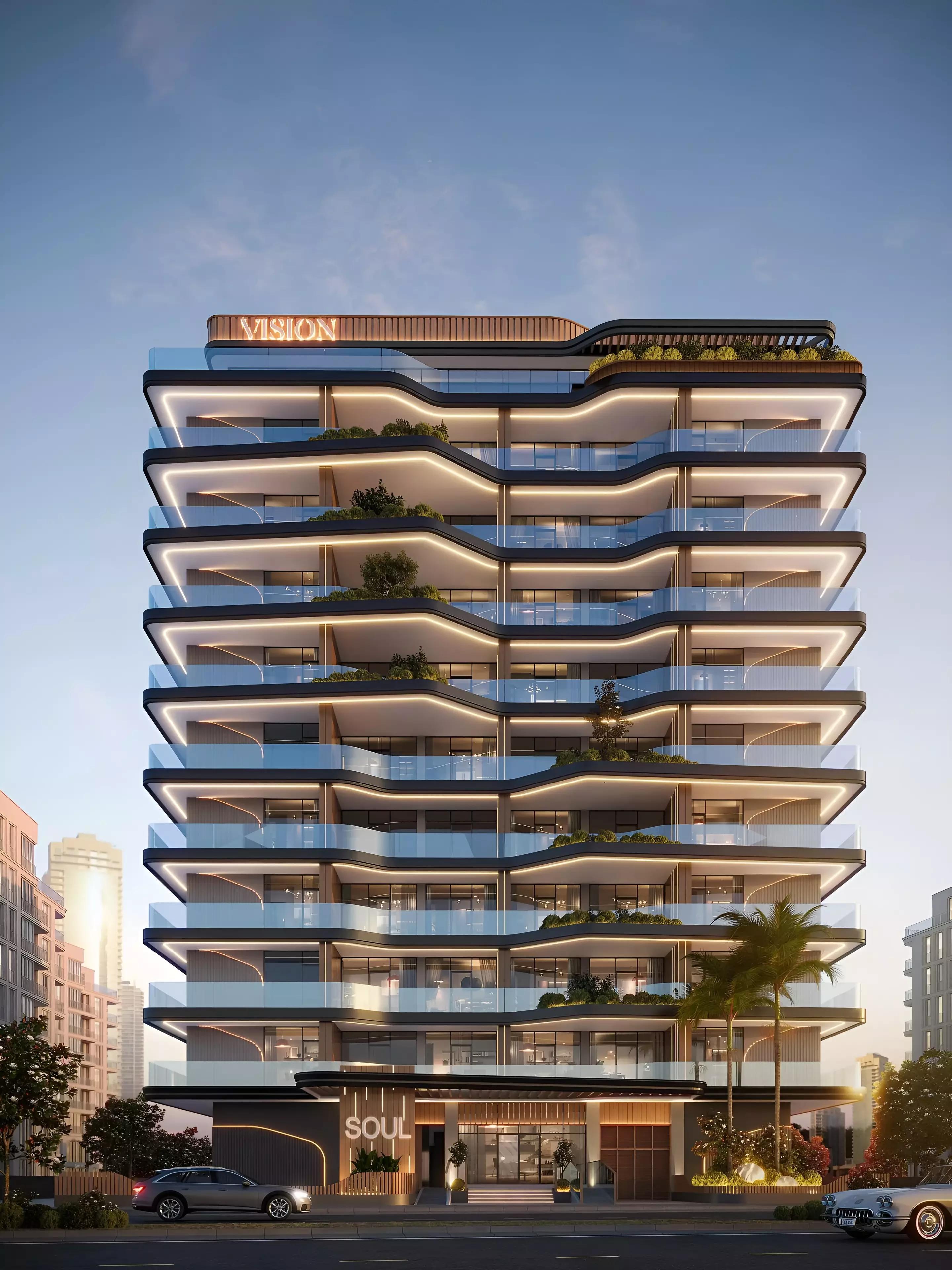 Soul by Vision building elevation with landscaped surroundings