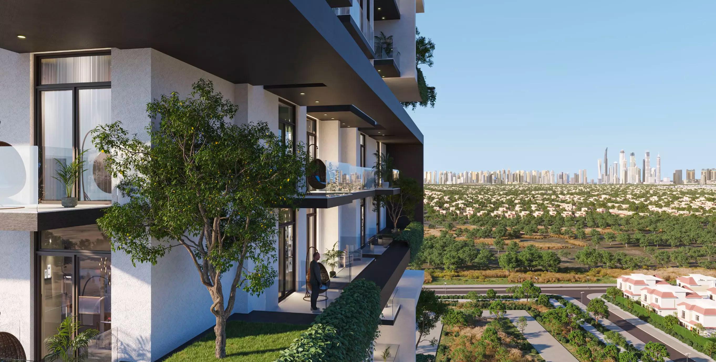 Treppan Tower building elevation with landscaped surroundings, JVT