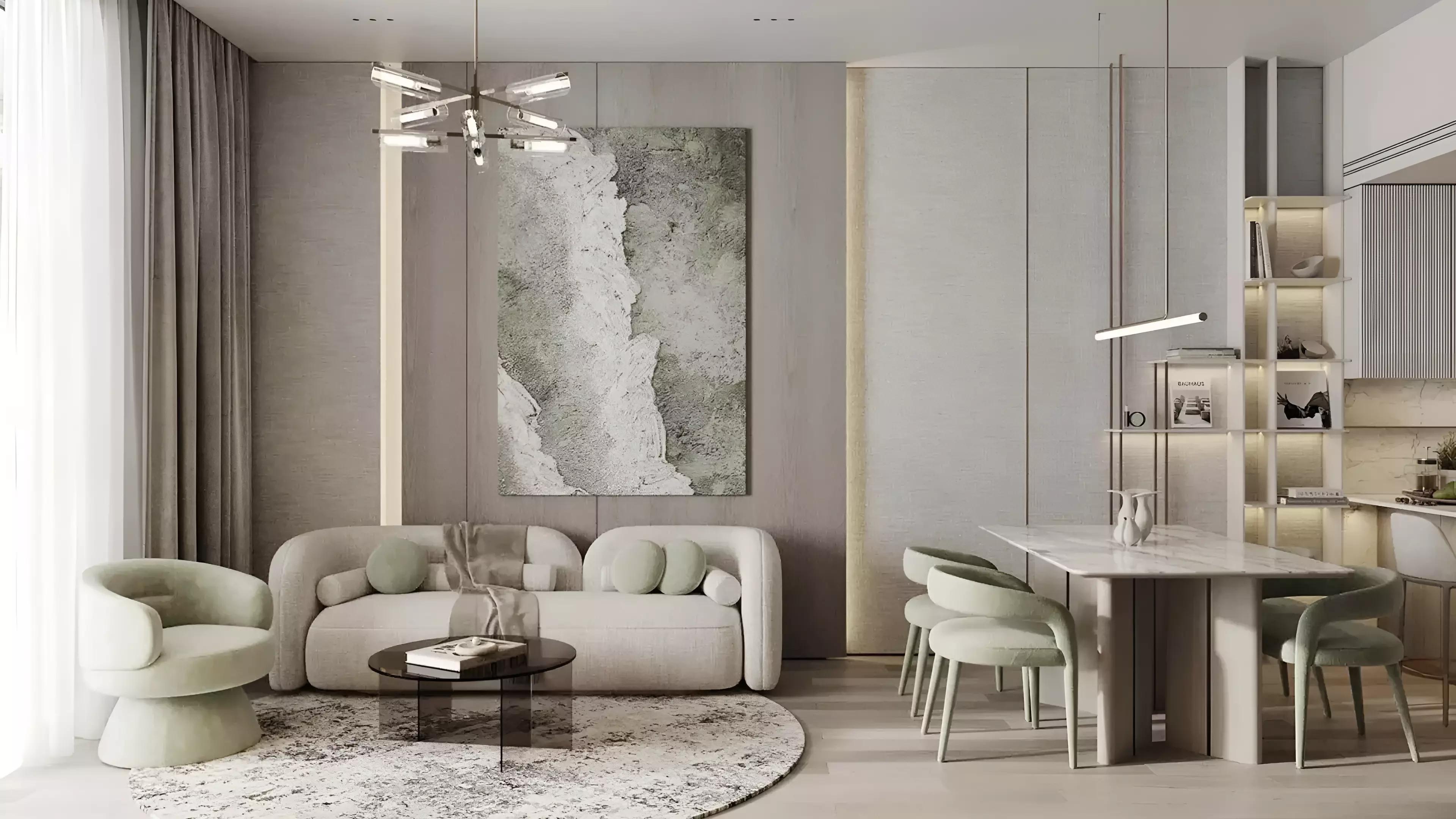 Cove Grand apartment interior render, Dubai Land