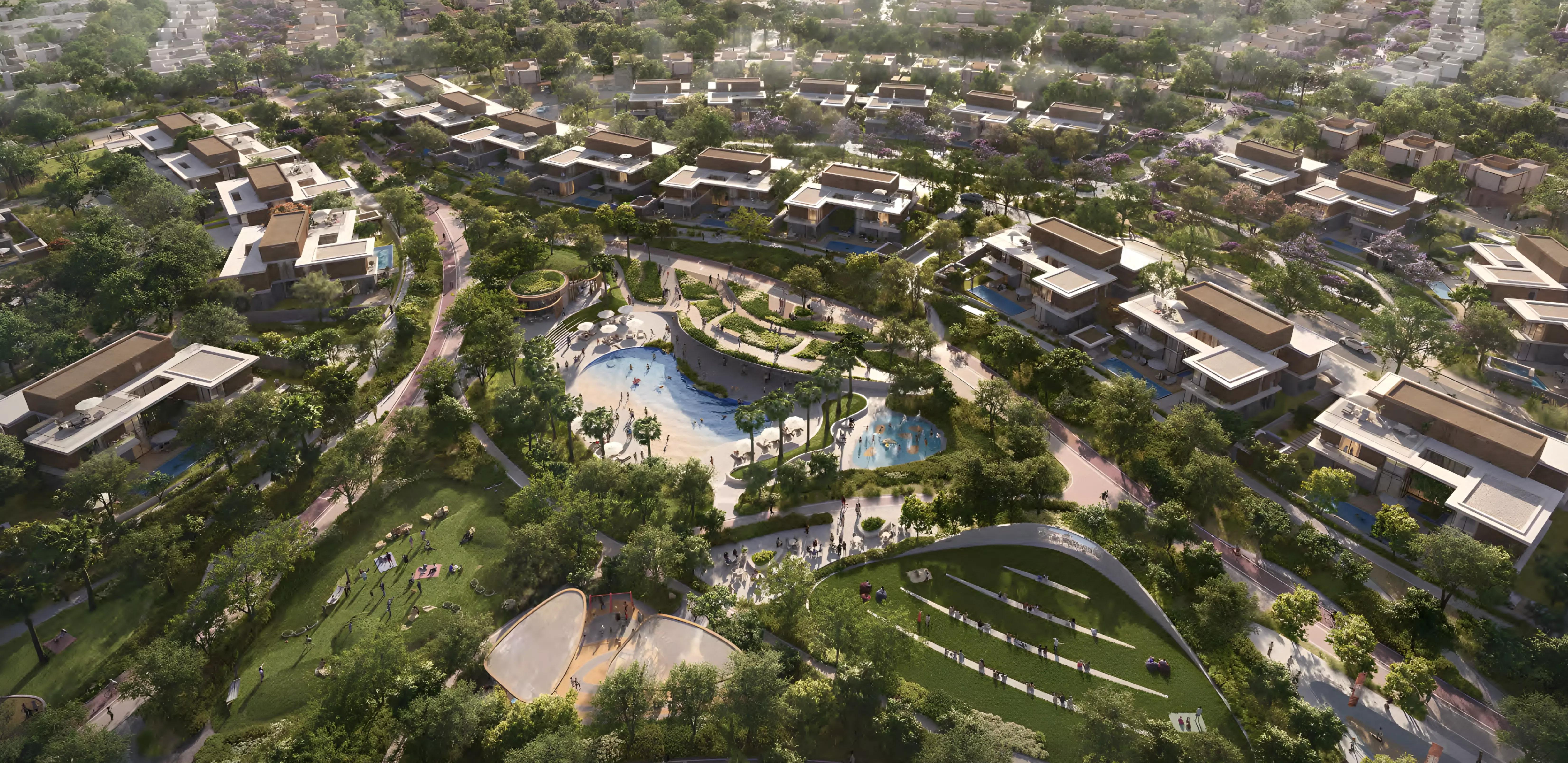 Athlon 2 townhouse row facing shared green space, Athlon by Aldar