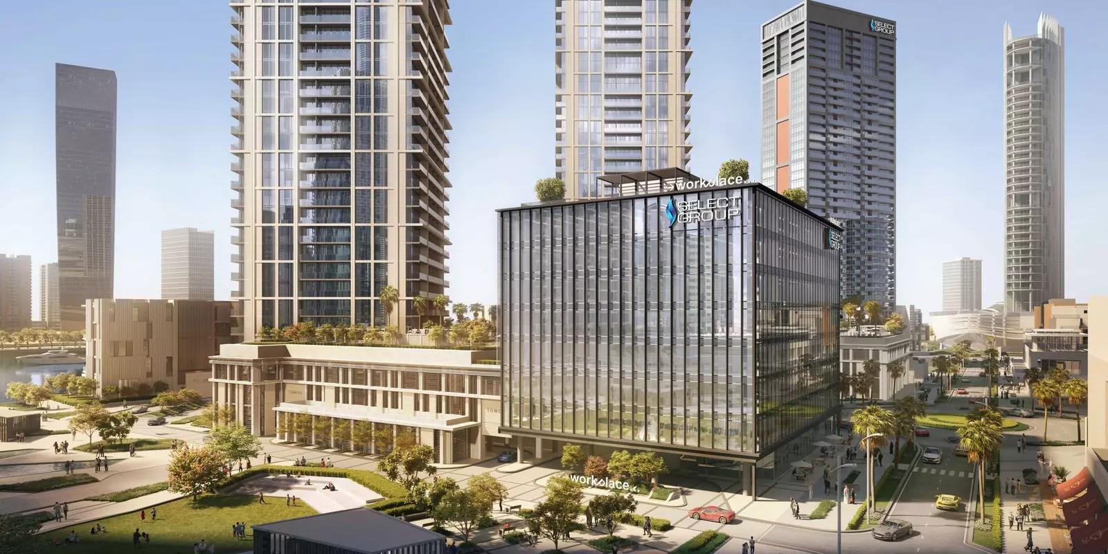Peninsula Four building facade and landscaped grounds, Business Bay, Dubai