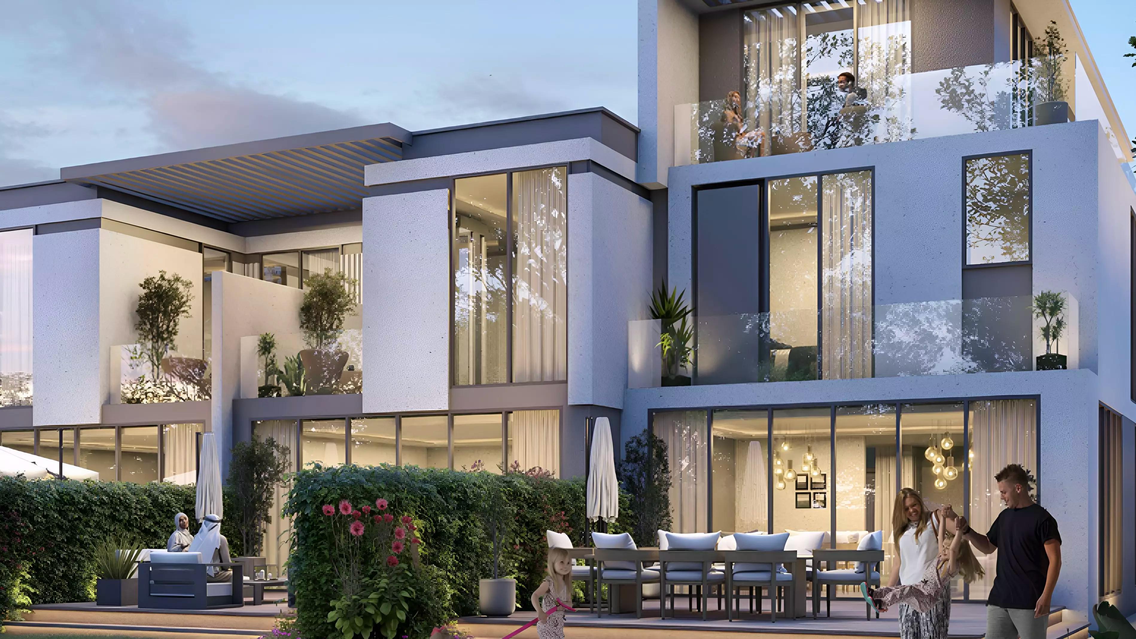Seychelles townhouse exterior with landscaped frontage, DAMAC Islands, Dubai