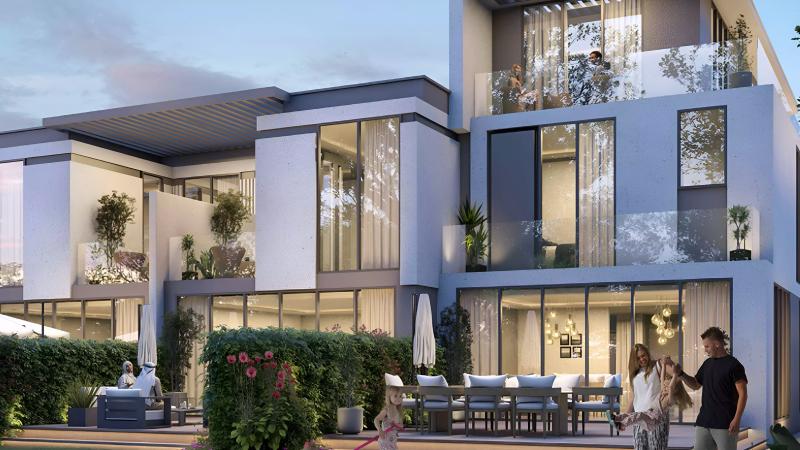 Seychelles townhouse exterior with landscaped frontage, DAMAC Islands, Dubai