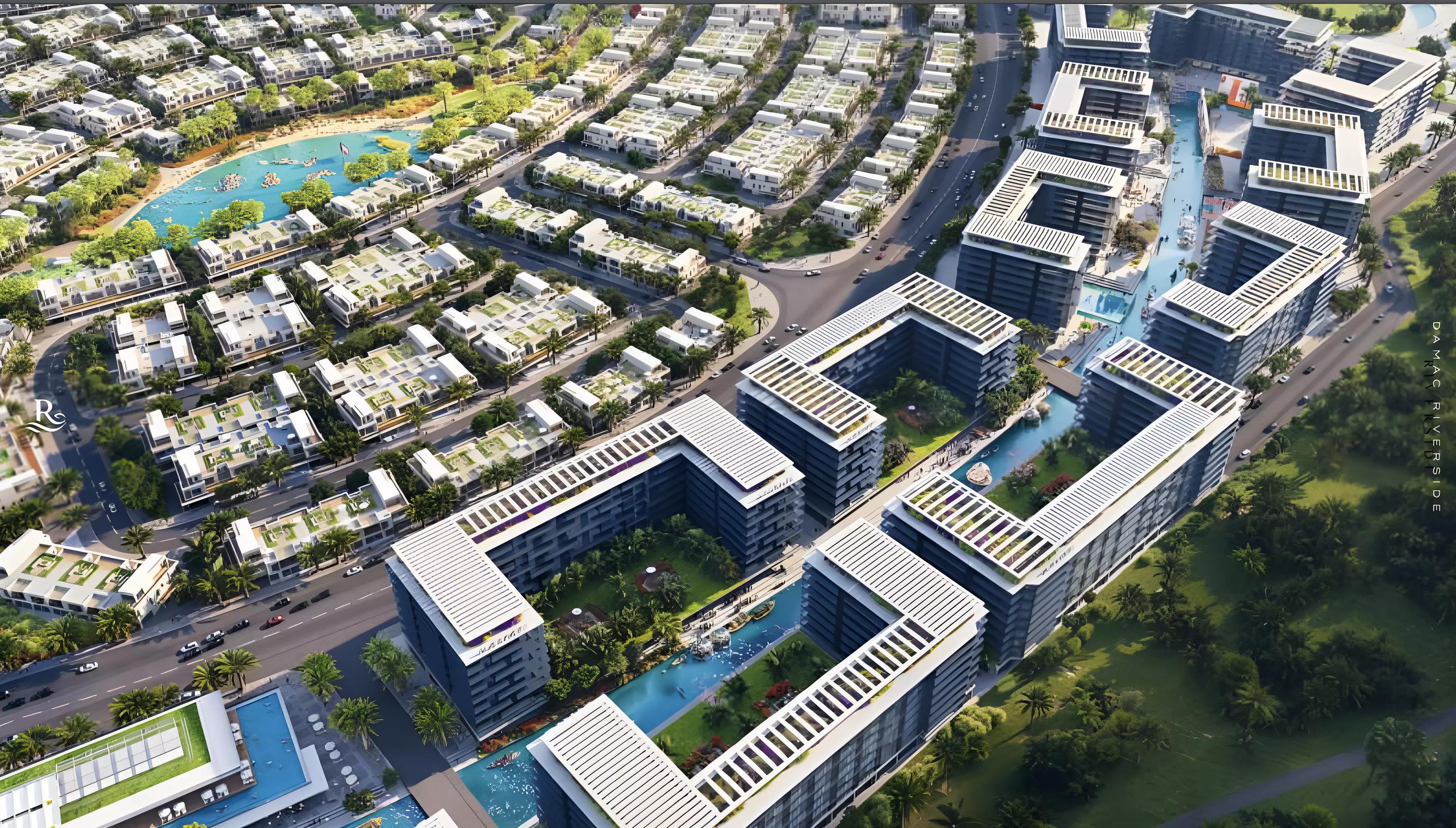 Damac Riverside townhouse row with landscaped surroundings, DIP 2