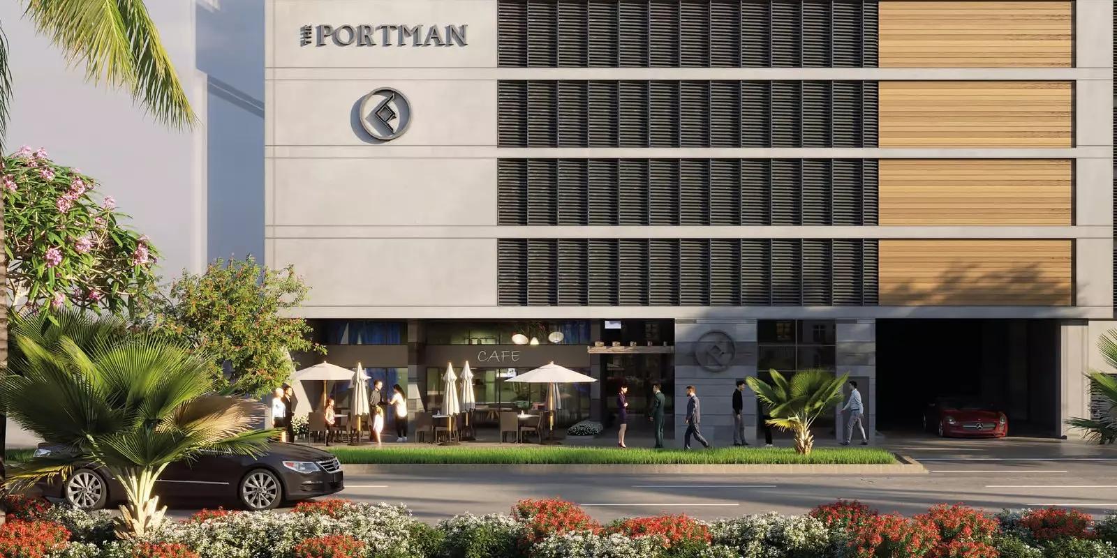 Shared swimming pool area at The Portman residential building, JVC Dubai
