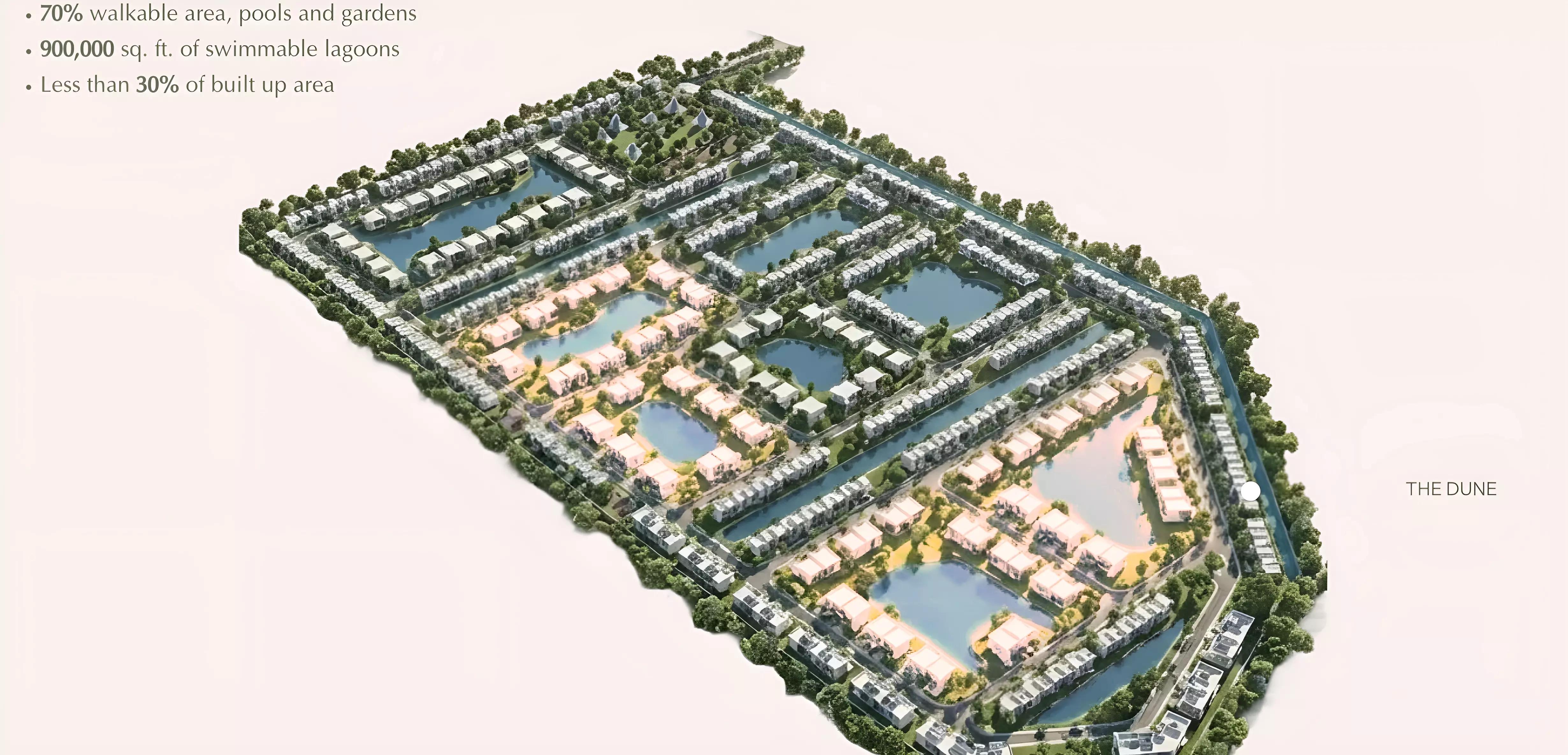 The Dune at Lunaya villa exterior with landscaped grounds, Jebel Ali Village, Dubai