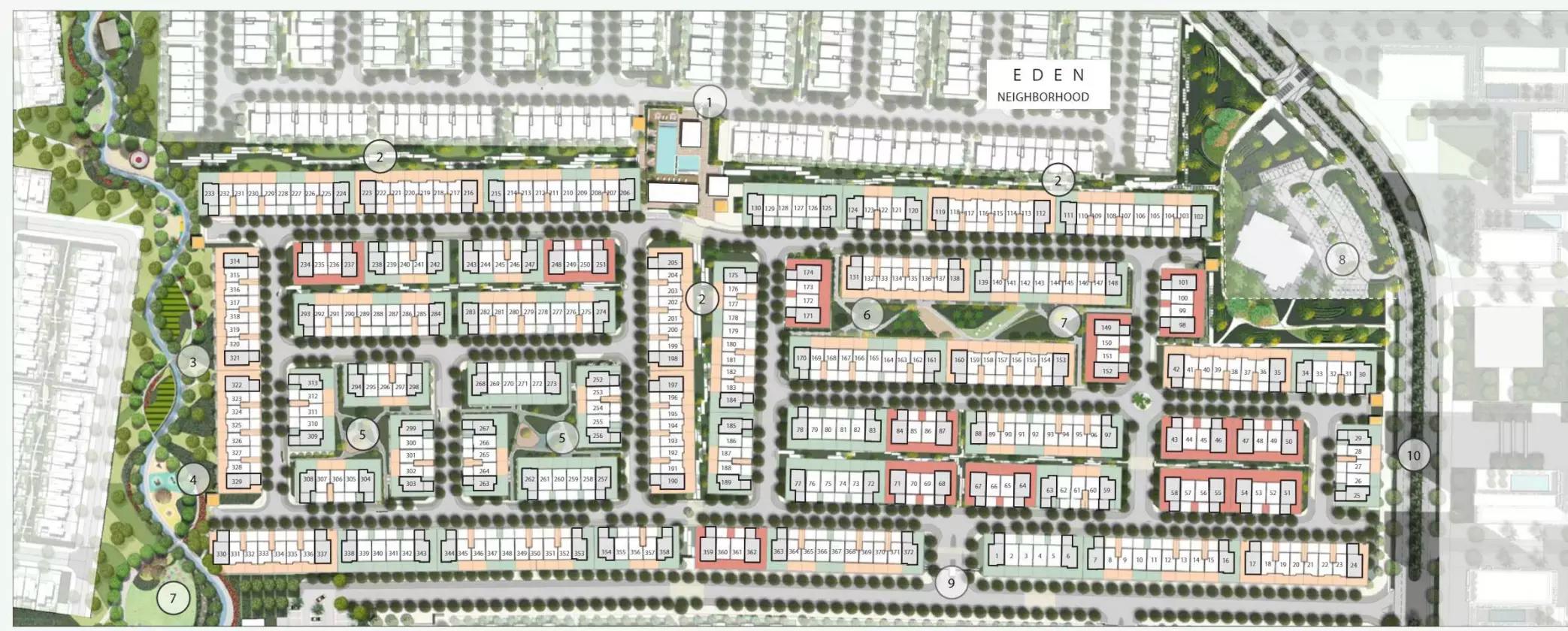 Nara Phase 2 master plan layout showing townhouse clusters and community park, The Valley, Dubai