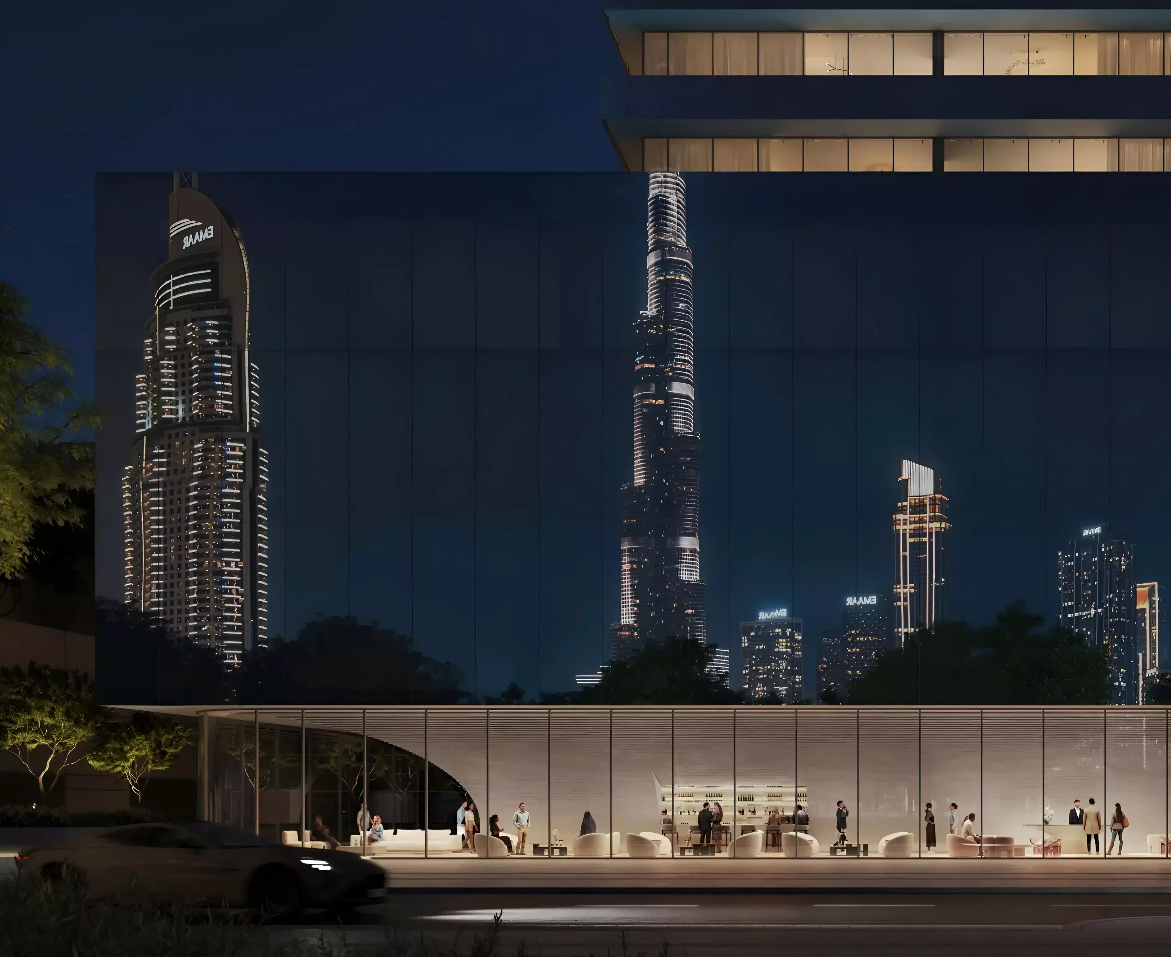 Inaura Hotels & Residences facade view with Downtown Dubai skyline