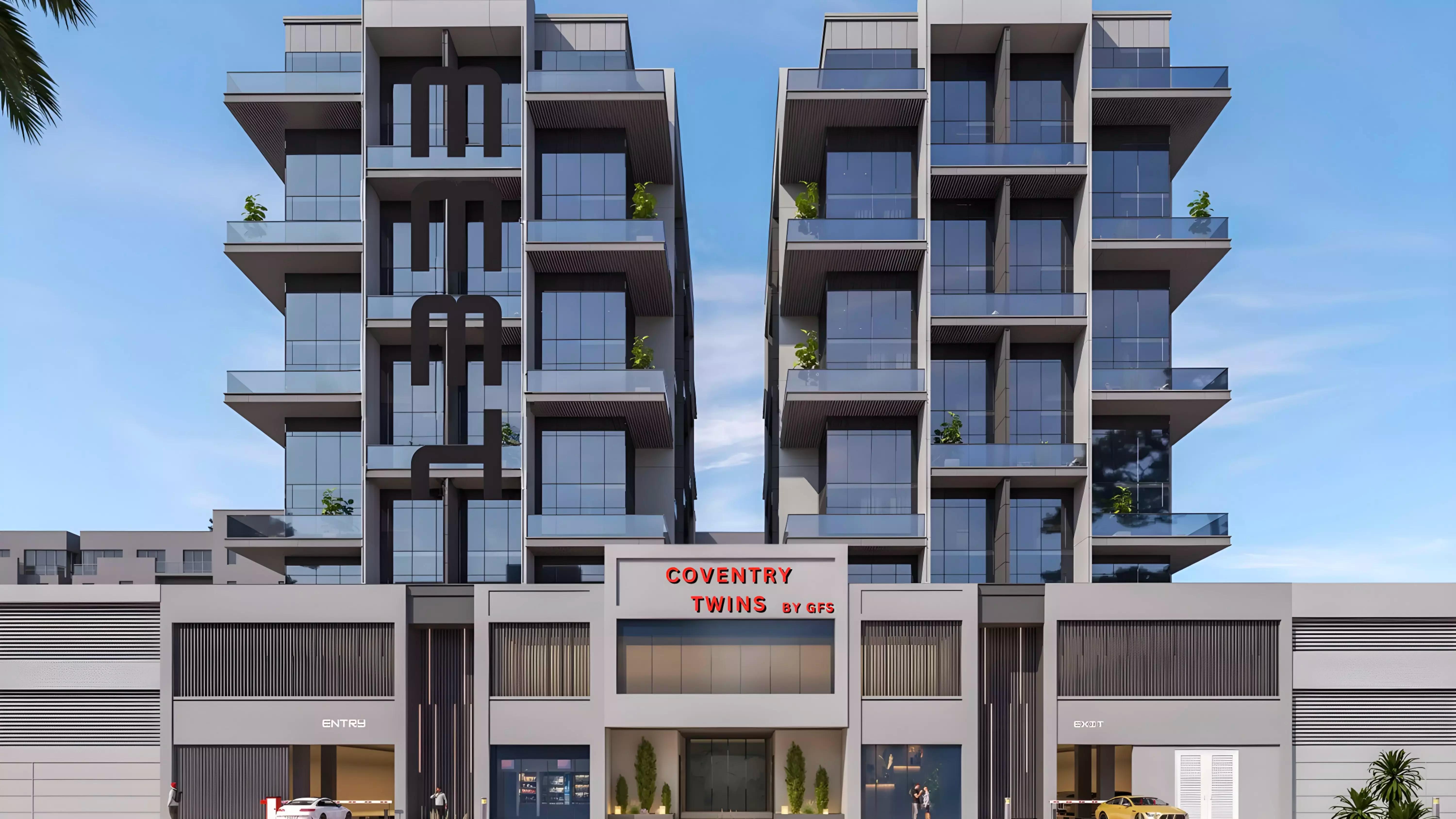 Coventry Twins building facade and entrance, Dubai Industrial City