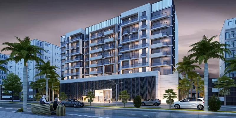 Exterior facade of Prime Residency Phase 3 apartment building in Al Furjan, Dubai