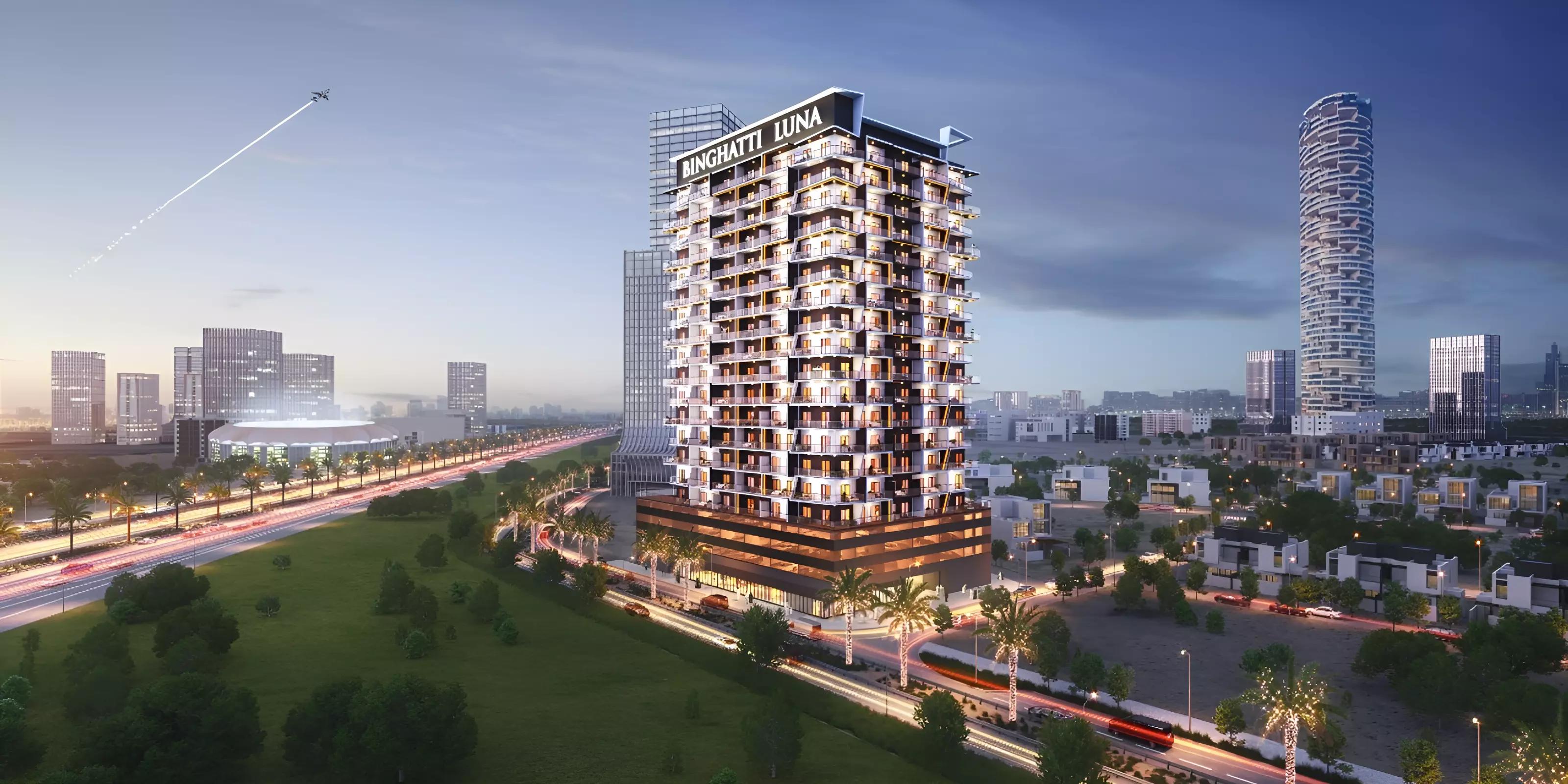 Binghatti Luna apartment building exterior facade, JVC, Dubai