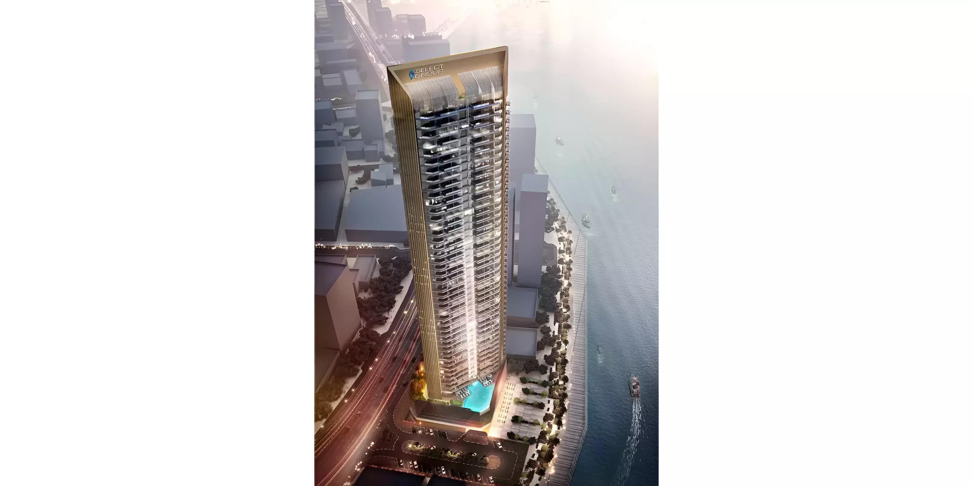 Nautica by Select Group residential facade with waterfront setting, Dubai Maritime City