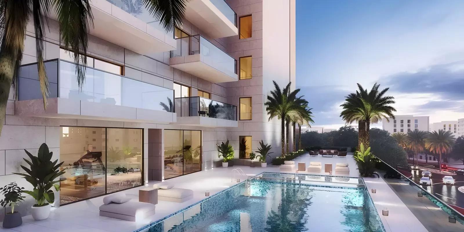 Equiti Gate apartment building facade and entrance, Jebel Ali, Dubai