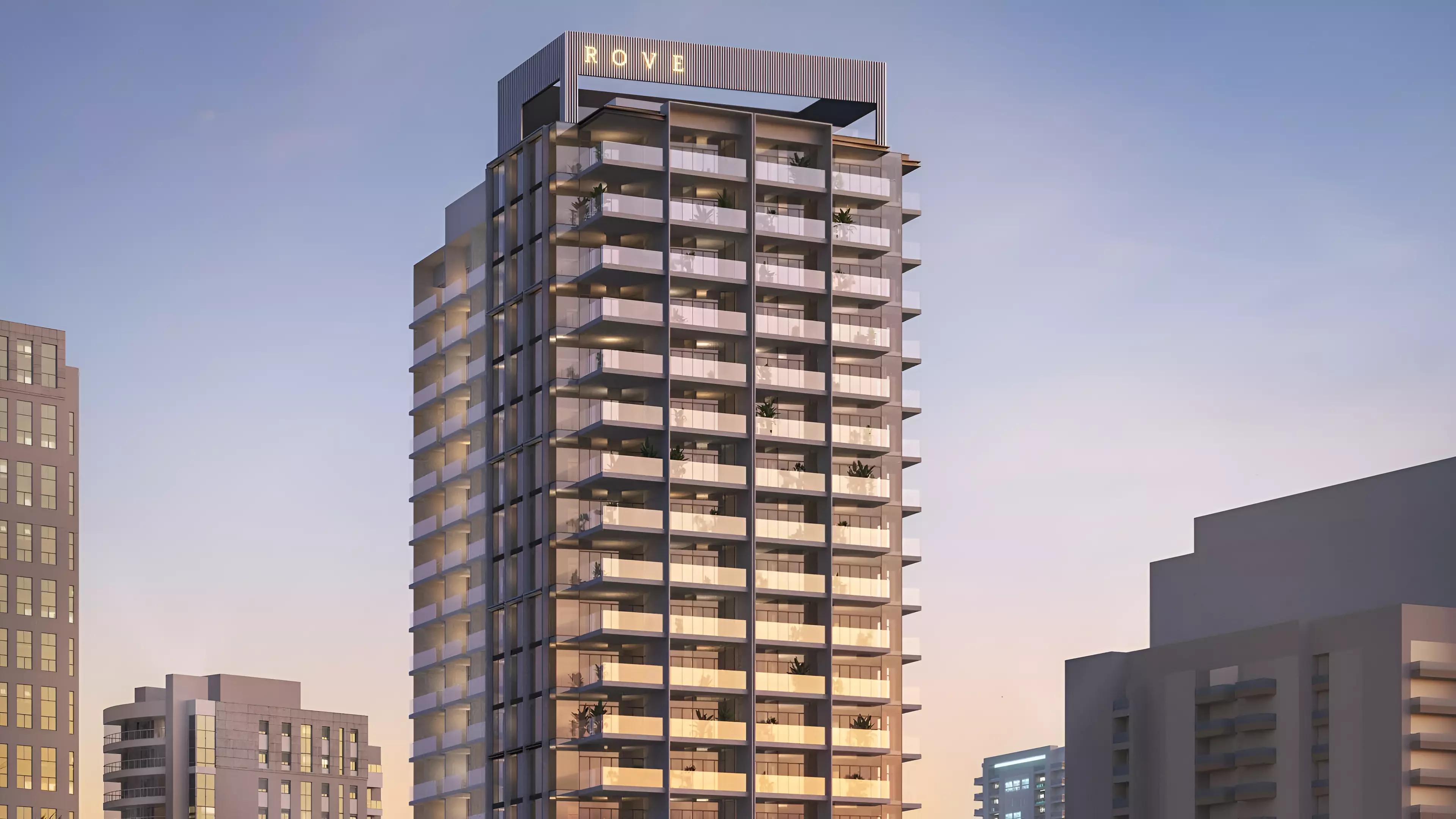 Exterior facade of Rove Home By IRTH apartment building in Downtown Dubai