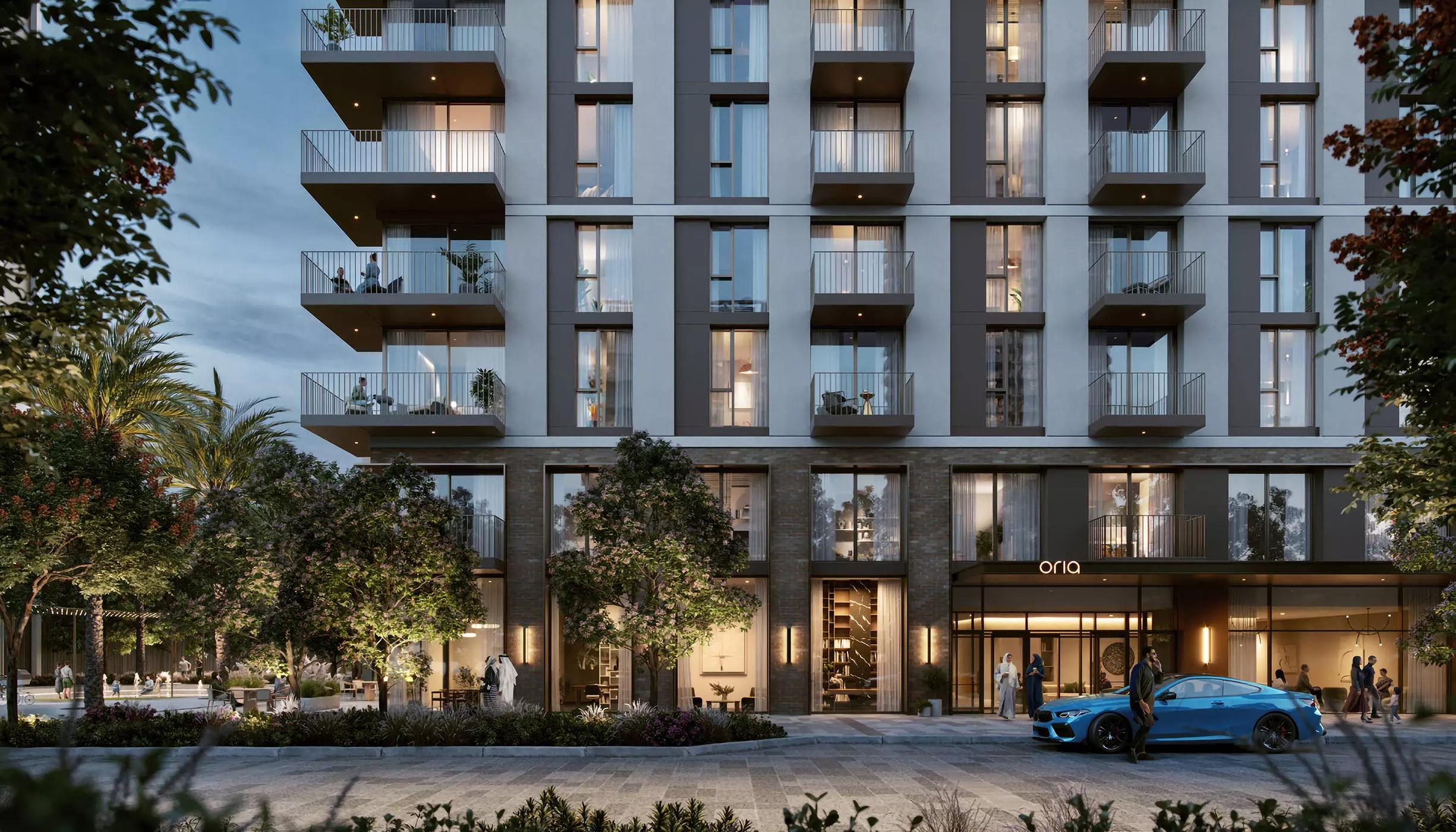 Oria building entrance and landscaped grounds, Dubai Creek Harbour