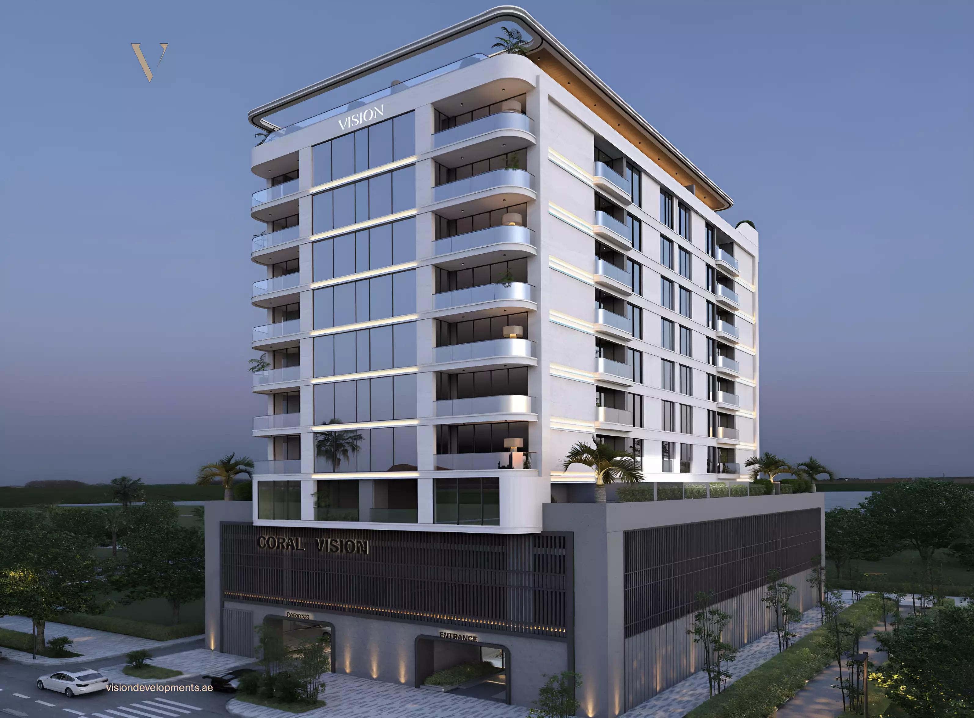 Exterior facade of Coral By Vision apartment building in Al Satwa, Dubai