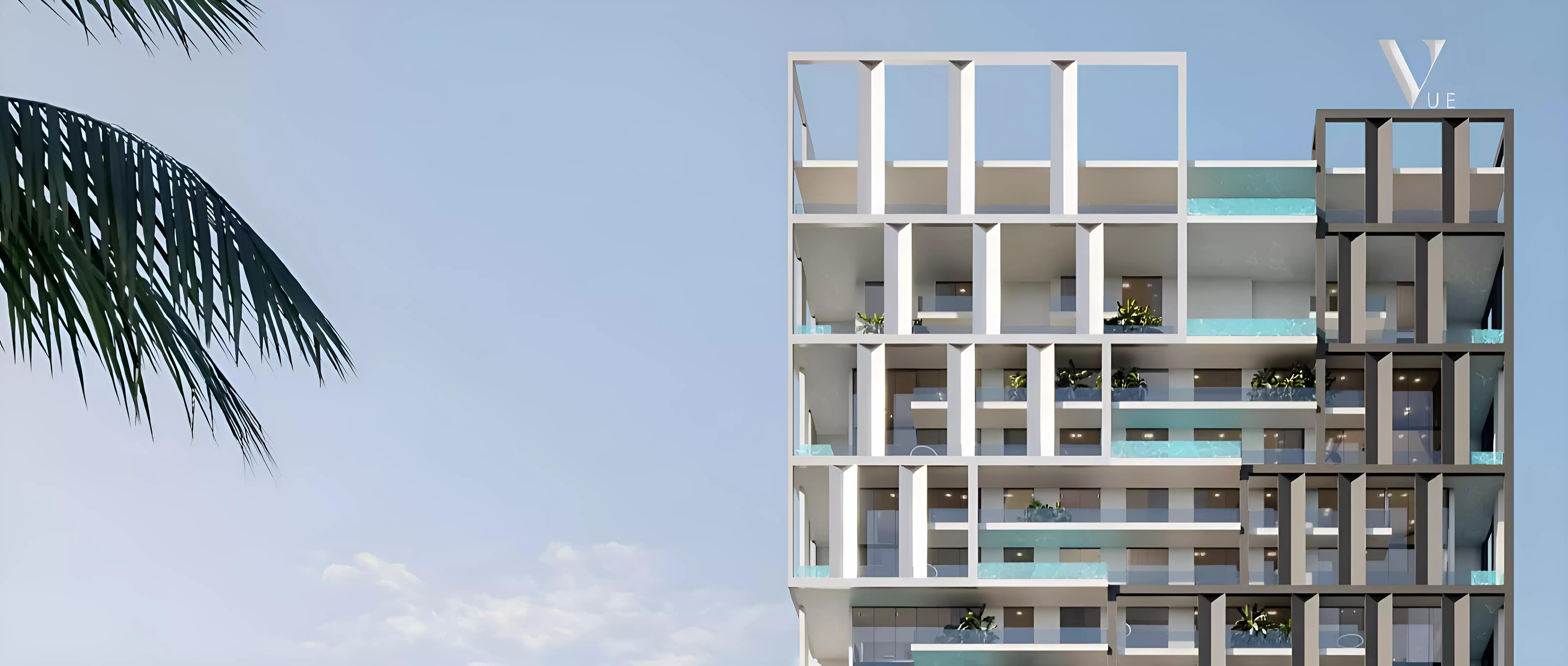 VUE Crystal Bay building elevation and entrance, JVC, Dubai