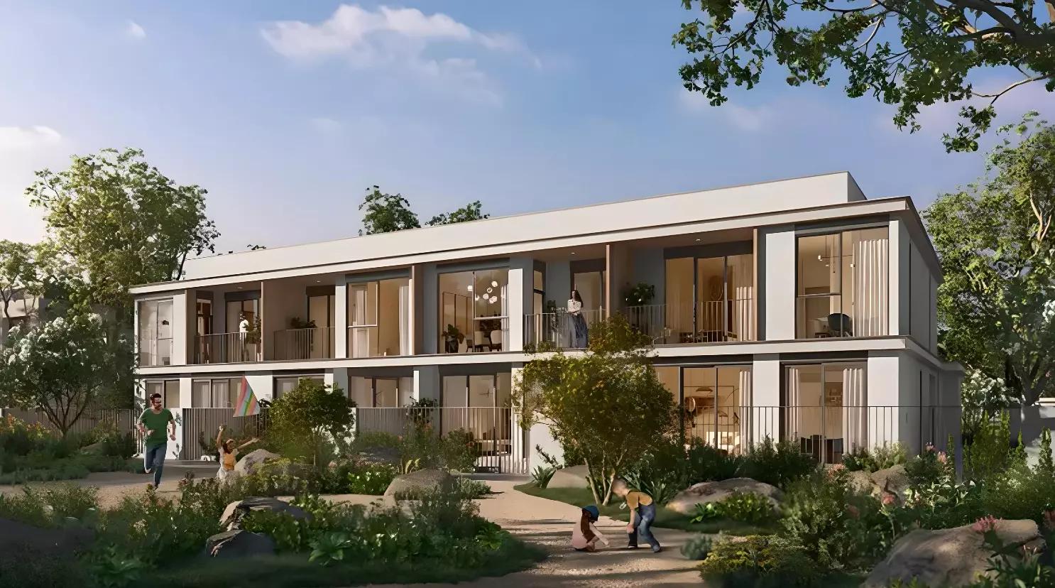 Velora Phase 2 landscaped garden area between townhouses, The Valley, Dubai
