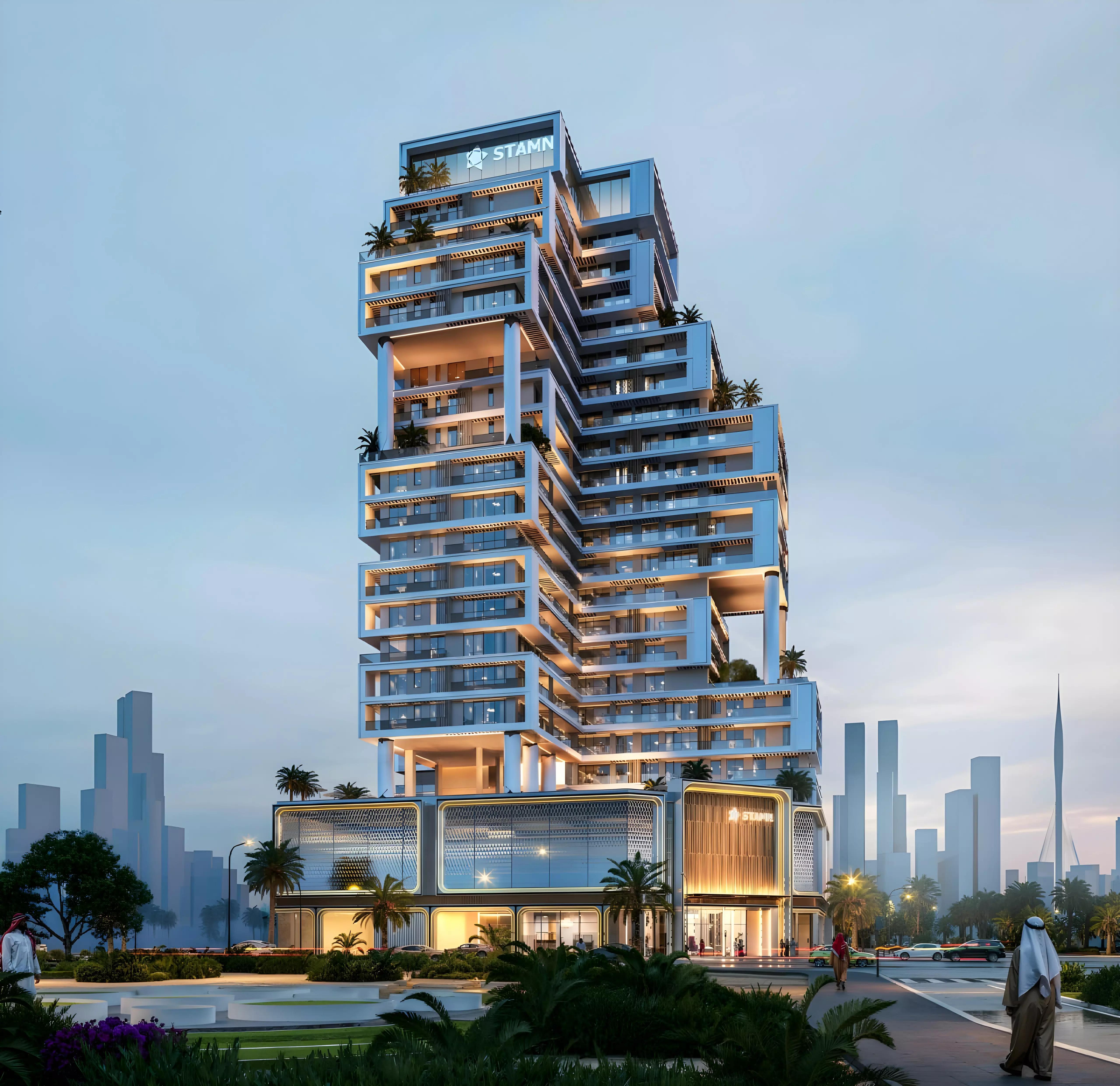 Interior amenity space at Stamn Mia Tower with pool and lounge seating