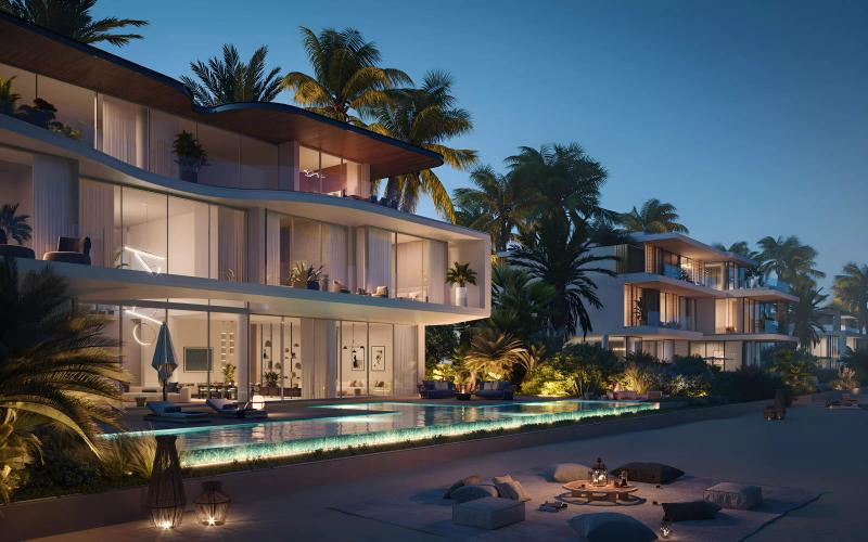 Frond A villa exterior with private garden on Palm Jebel Ali, Dubai