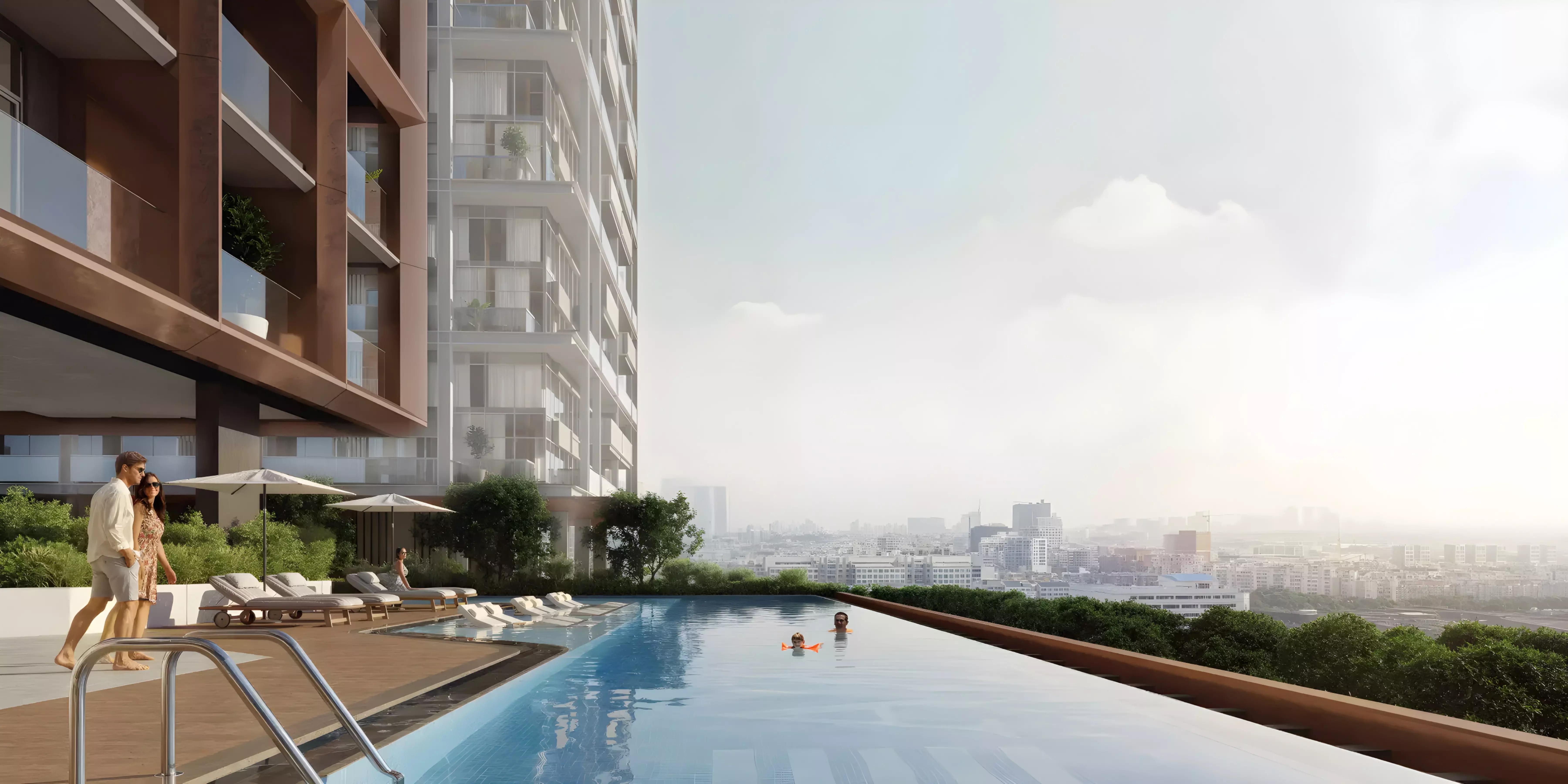 Azizi Farishta II building elevation with landscaped surroundings, Al Jaddaf, Dubai