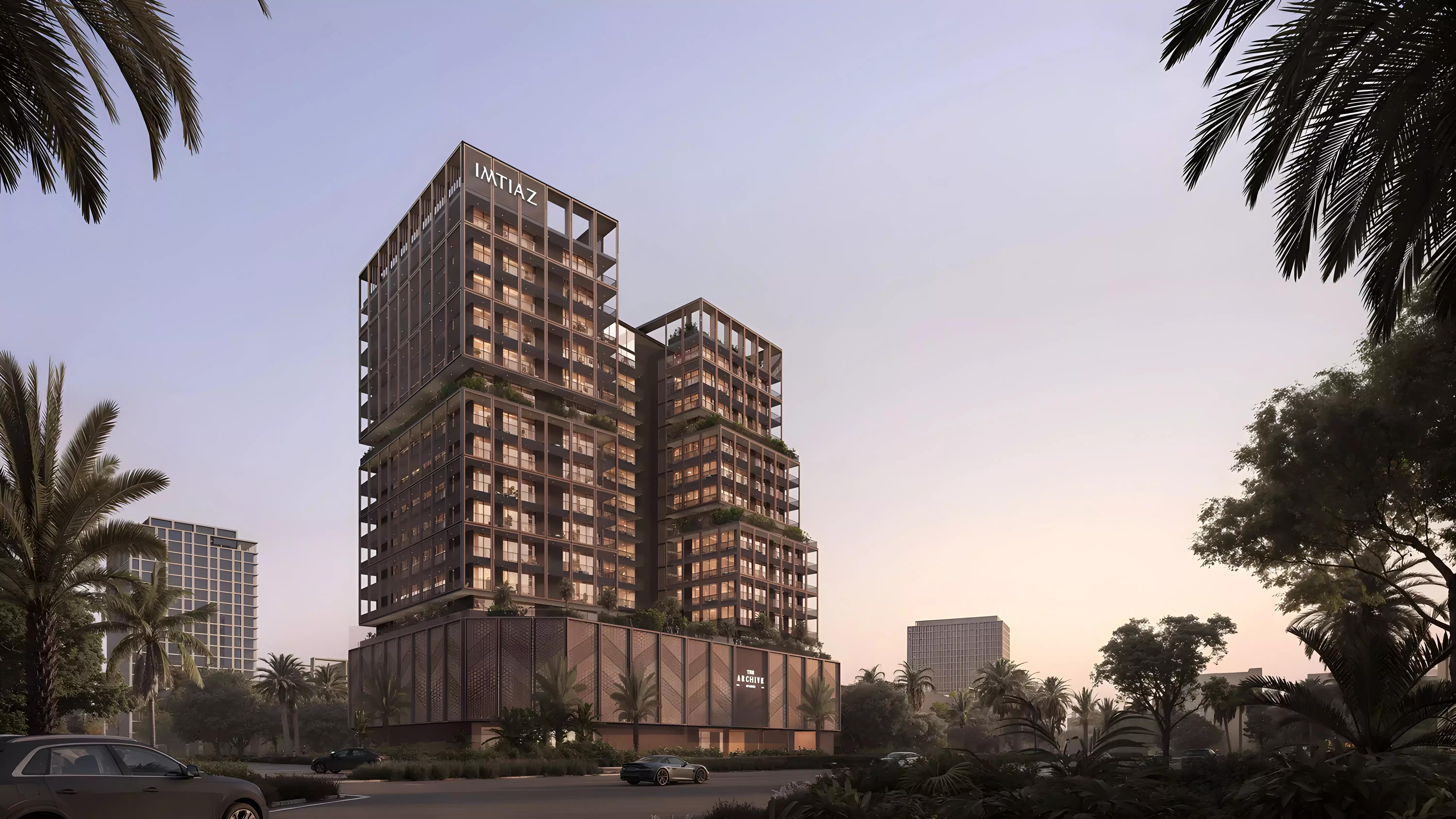 The Archive apartment building exterior facade, Dubai Land Residence Complex, Dubai