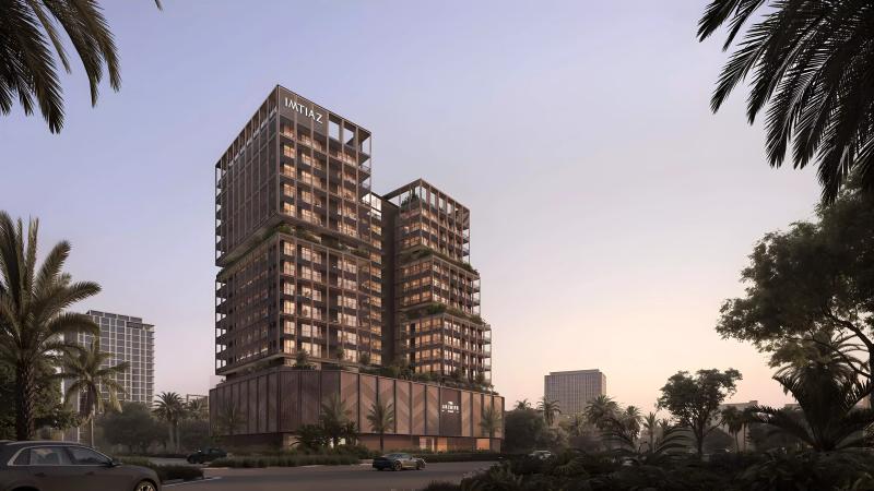 The Archive apartment building exterior facade, Dubai Land Residence Complex, Dubai