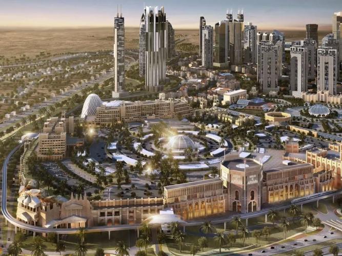 Exterior render of Samana Boulevard Heights apartment building, Dubai Land Residence Complex, Dubai