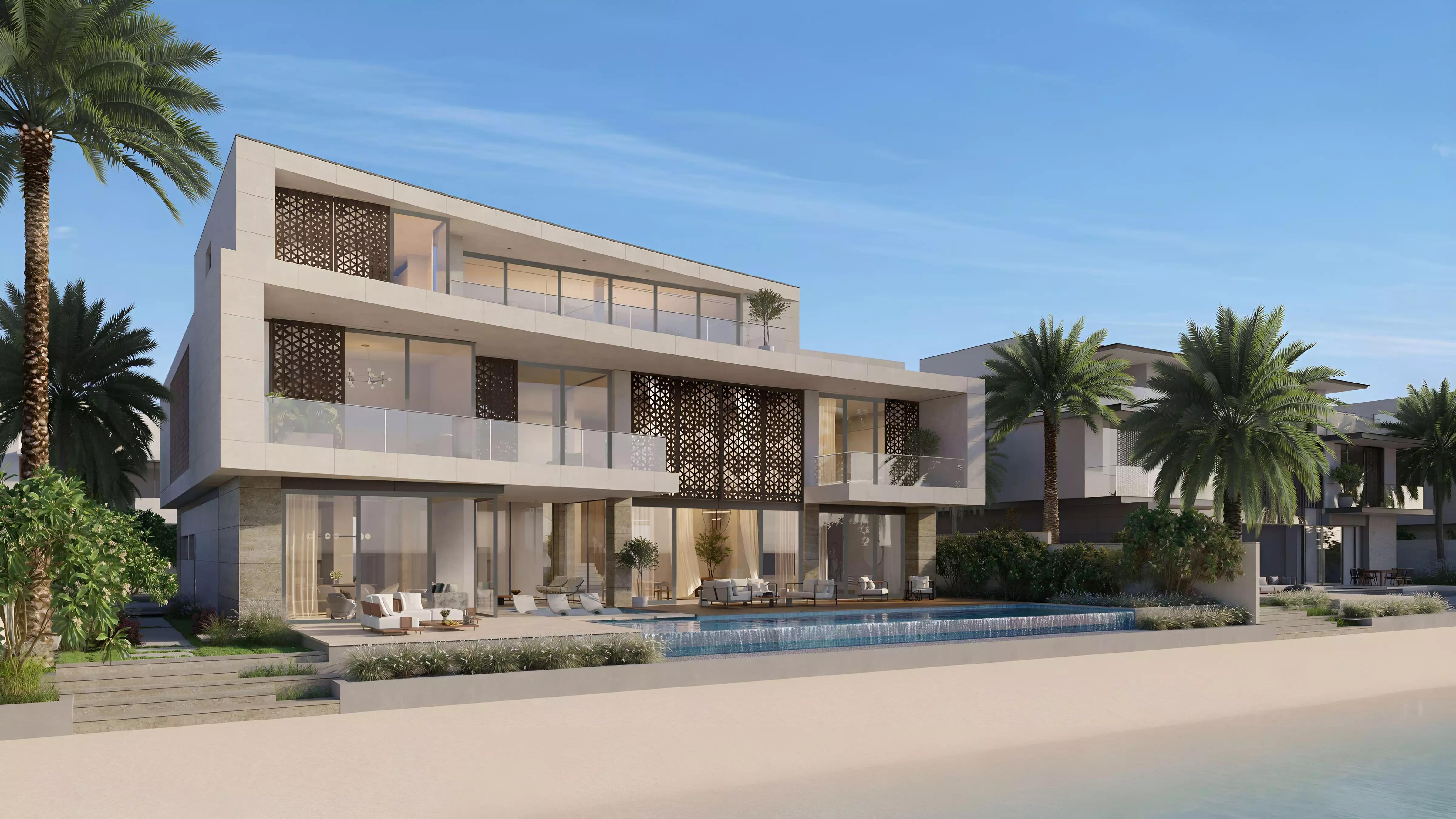Coral Collection Frond D villa exterior at dusk, Palm Jebel Ali, Dubai