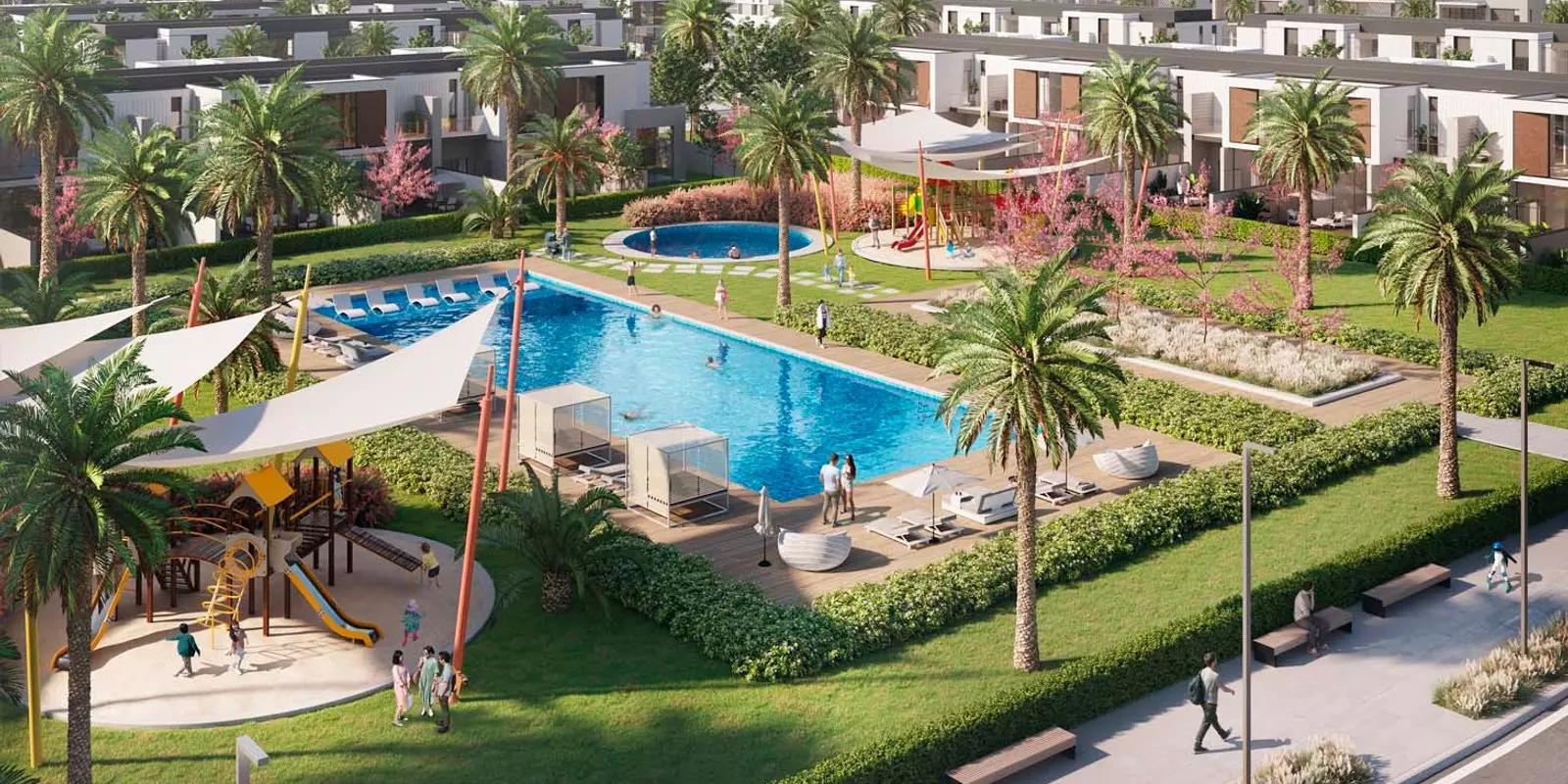 Private pool and garden at a Murooj Al Furjan villa, Al Furjan, Dubai