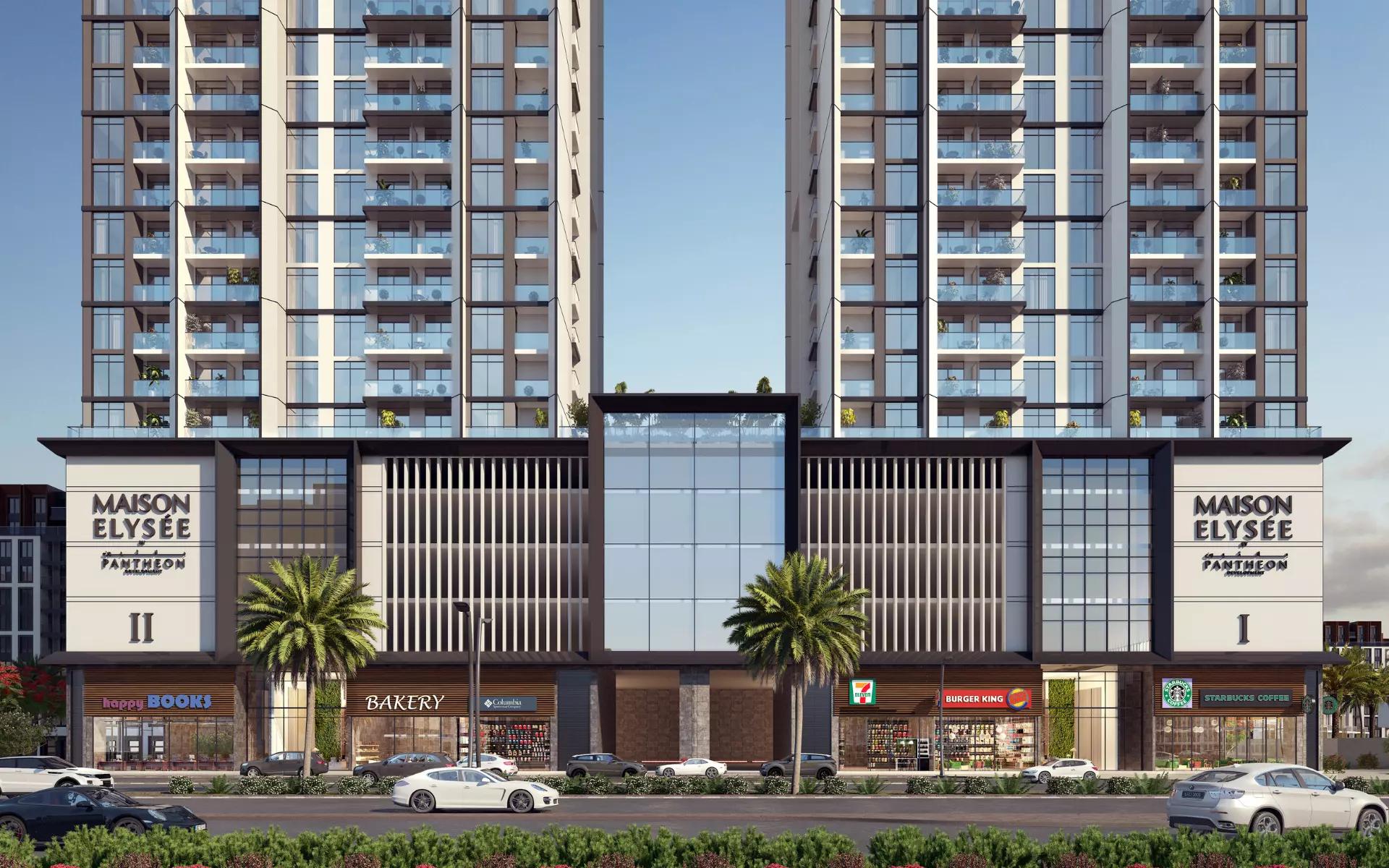 Maison Elysee 2 building entrance and podium, Jumeirah Village Circle