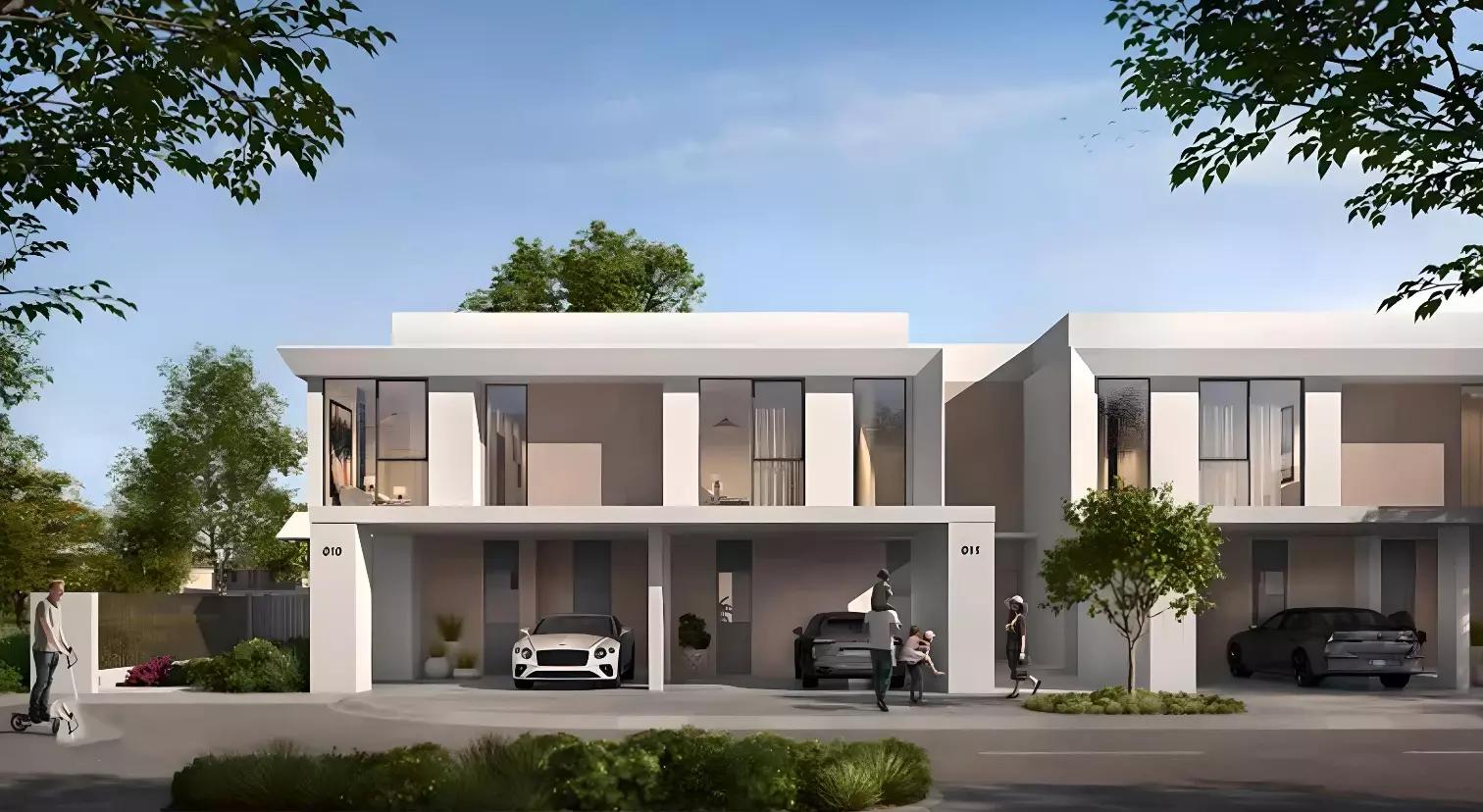 Velora Phase 2 community street view with townhouse row, The Valley, Dubai