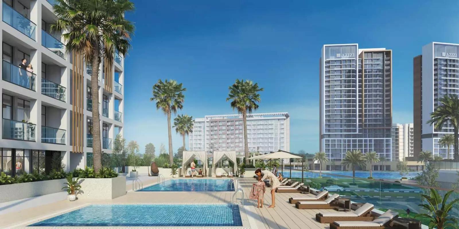 Azizi Riviera 65 building entrance and landscaping, Meydan One, Dubai