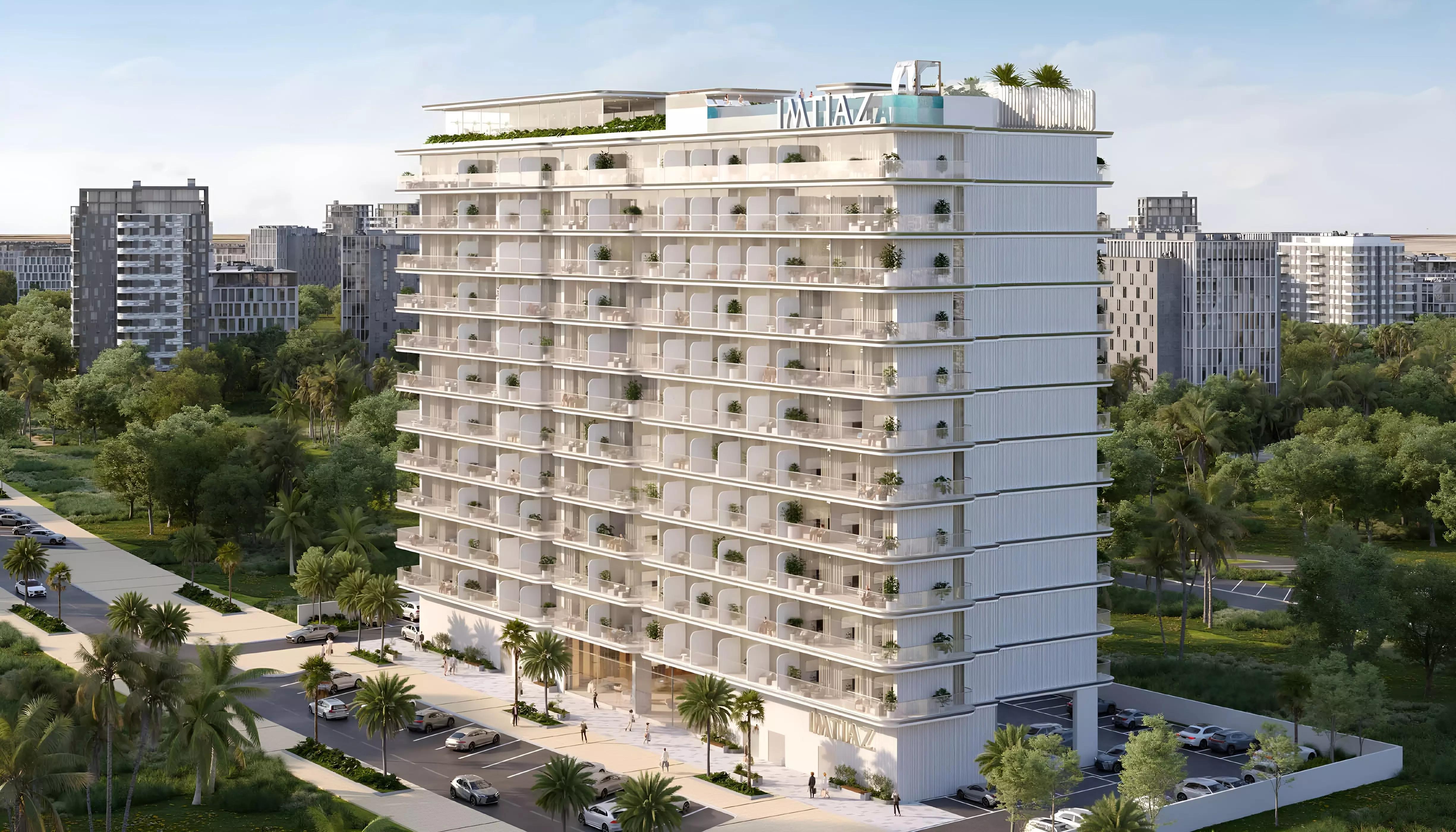 Exterior facade of Cove Edition 6 apartment building, Dubai Land Residence Complex
