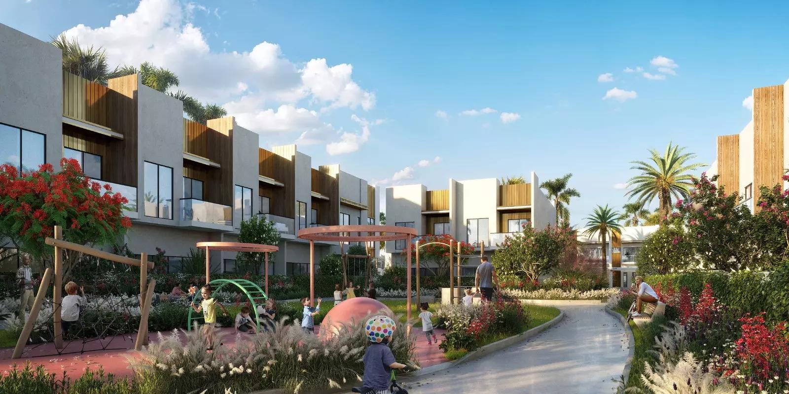Mag City Parks townhouse row exterior view, MAG Park, MBR City, Dubai