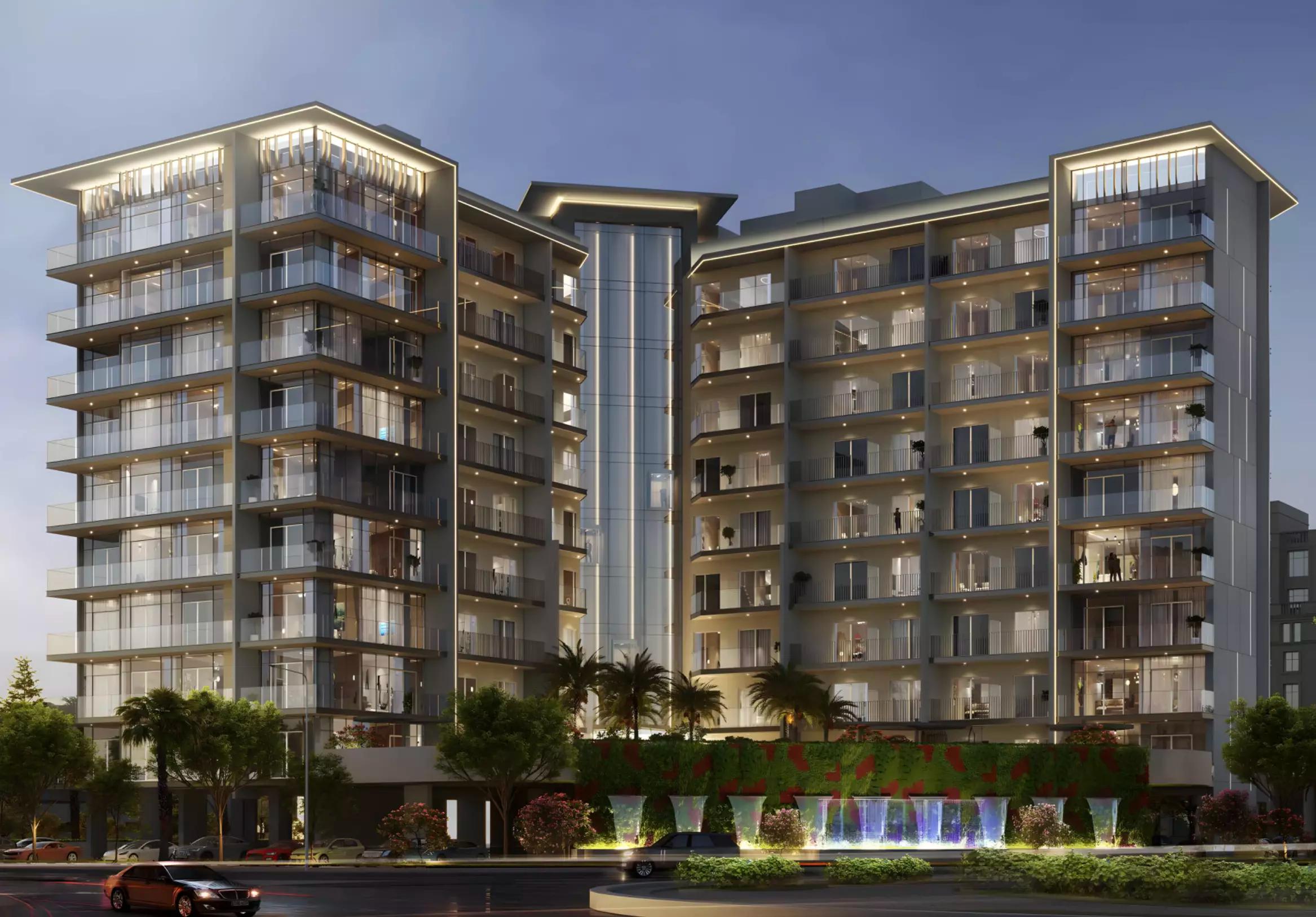 Floarea Grande building elevation and entrance, Arjan, Dubai