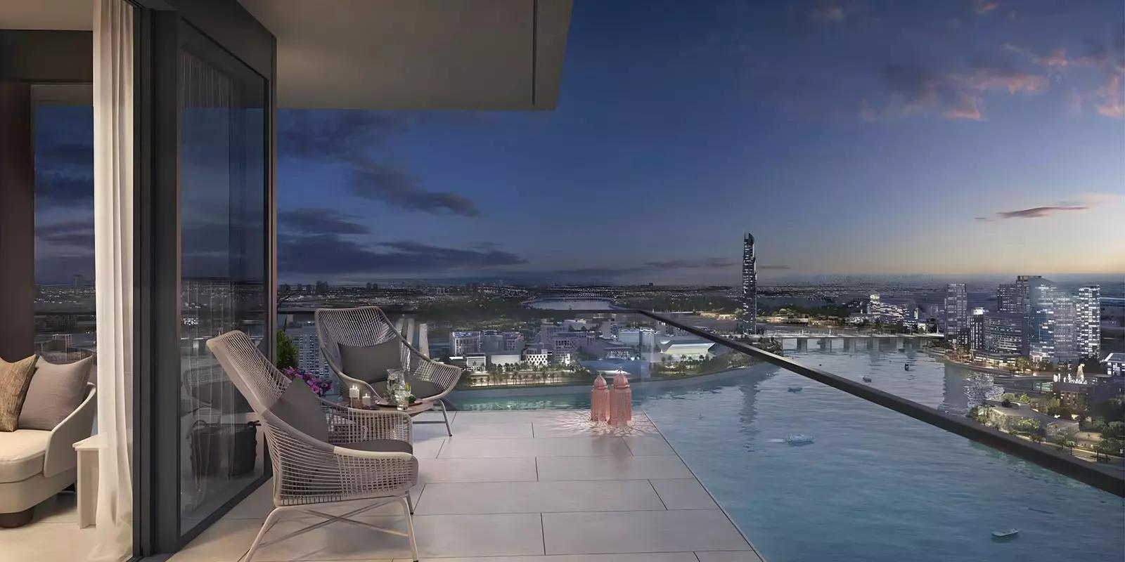 Creek Waters shared pool deck with skyline view, Dubai Creek Harbour