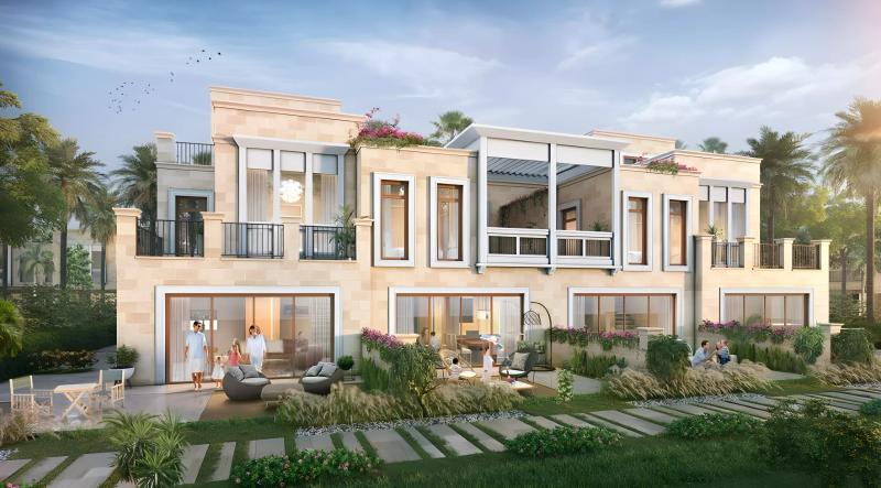 Malta Phase 2 townhouse exterior with landscaped front garden, DAMAC Lagoons, Dubai