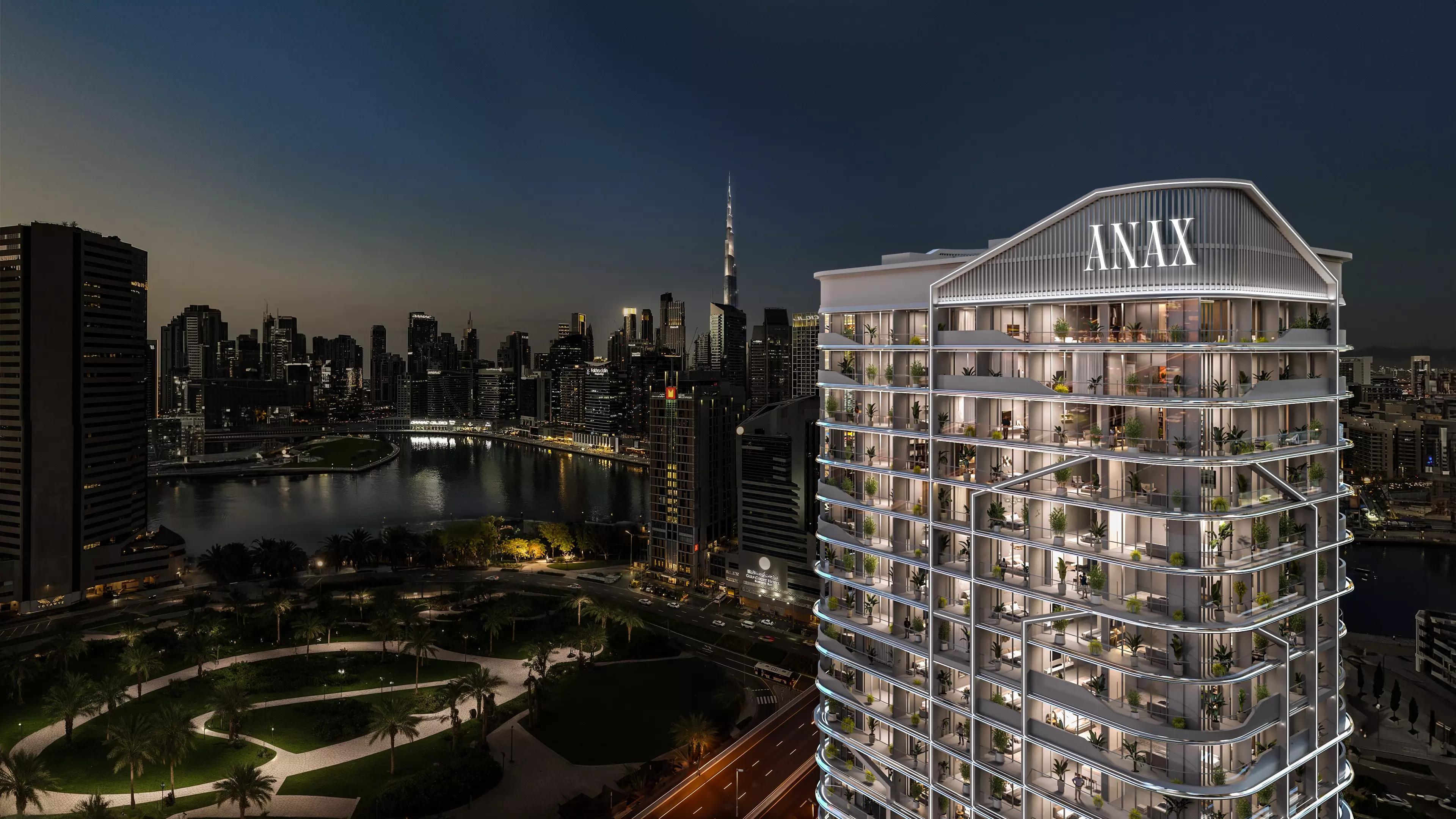 Vento Tower building elevation with glass curtain wall, Business Bay