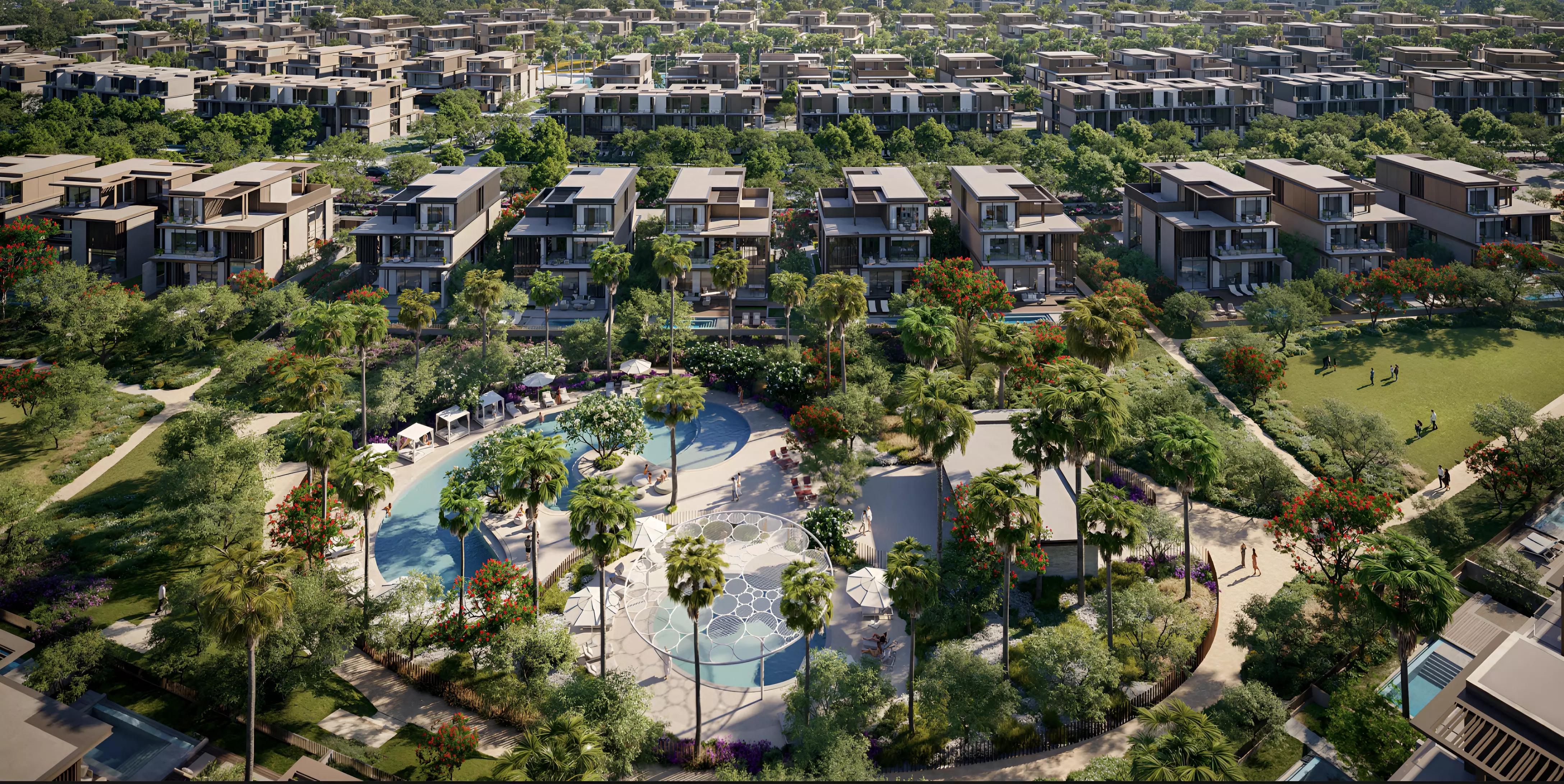 Nad Al Sheba Gardens Phase 7 exterior view of townhouse cluster with landscaped street, Nad Al Sheba, Dubai