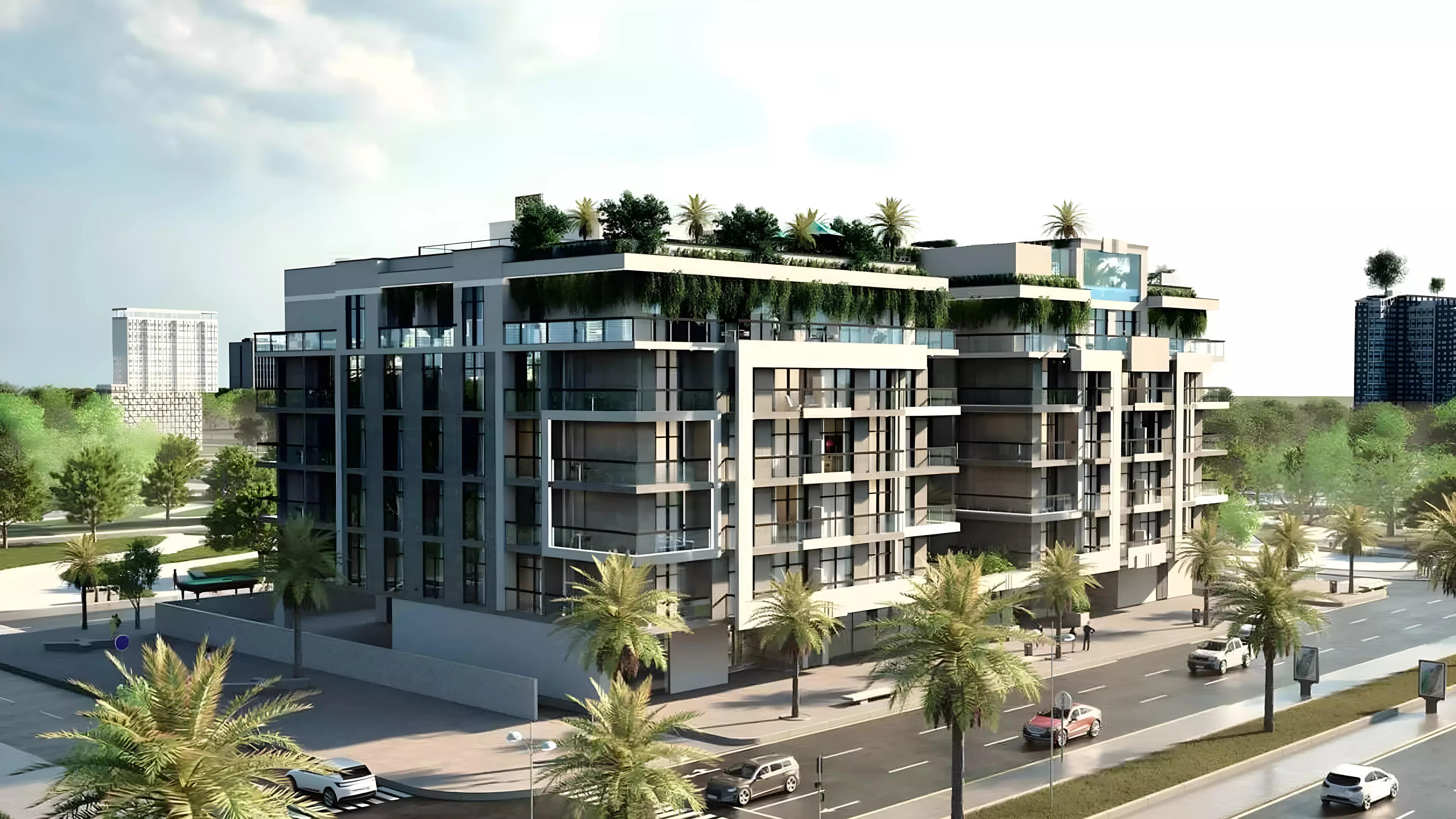 High Best Tower building elevation and entrance, MBR City, Dubai