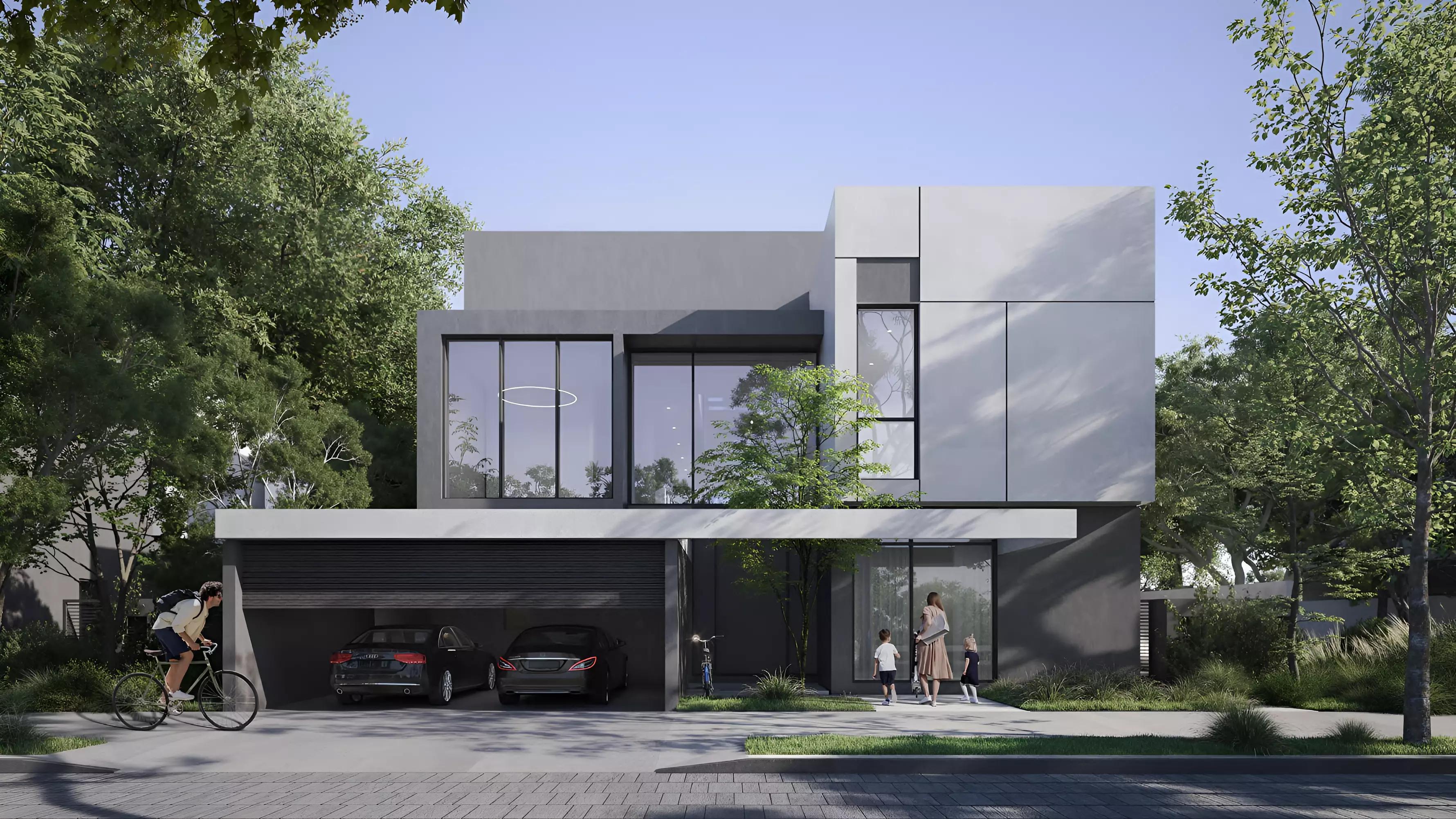 Jouri Hills townhouse row facing golf course greenery, Jumeirah Golf Estates