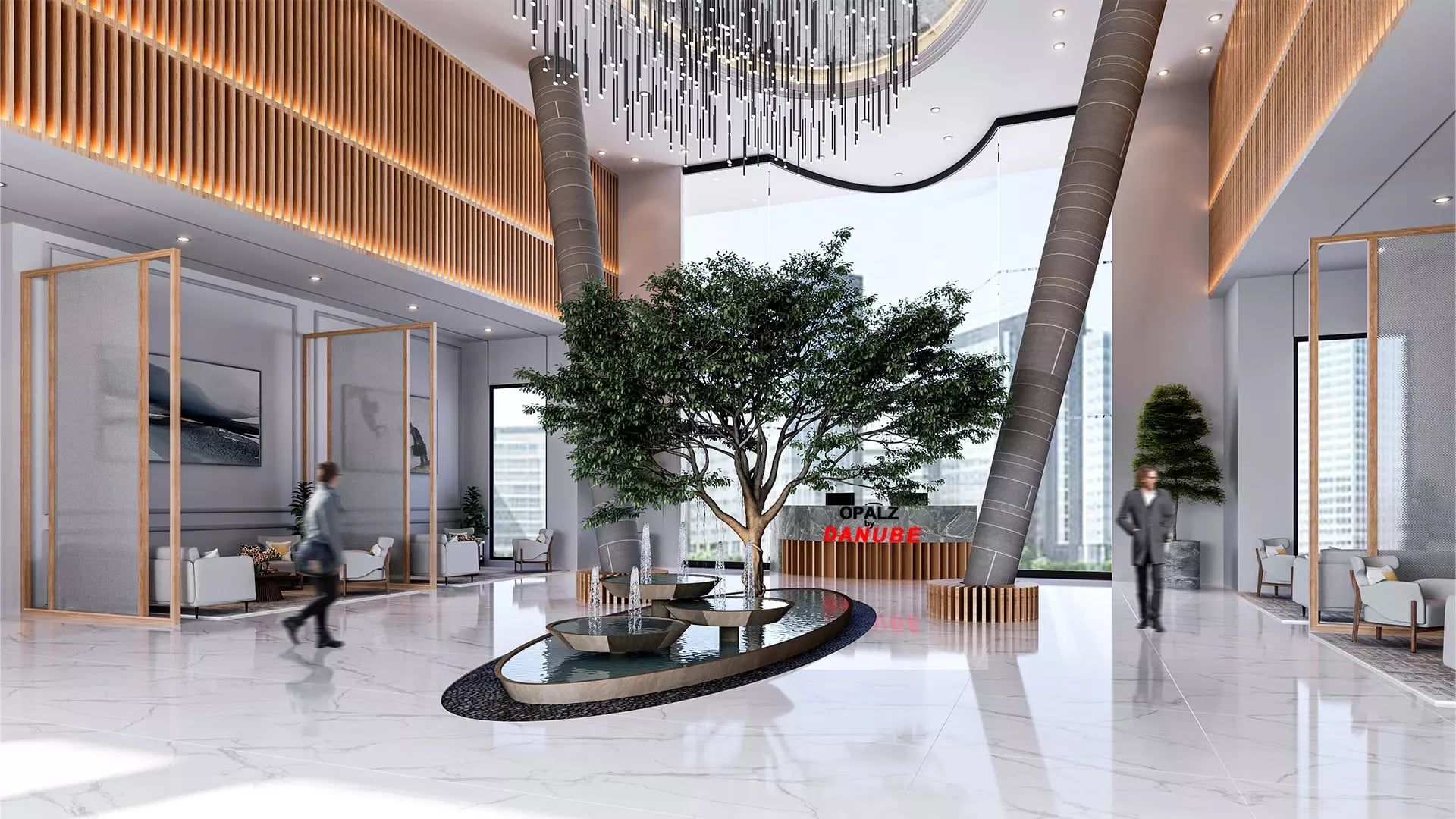 Opalz by Danube double-height lobby with landscaped atrium