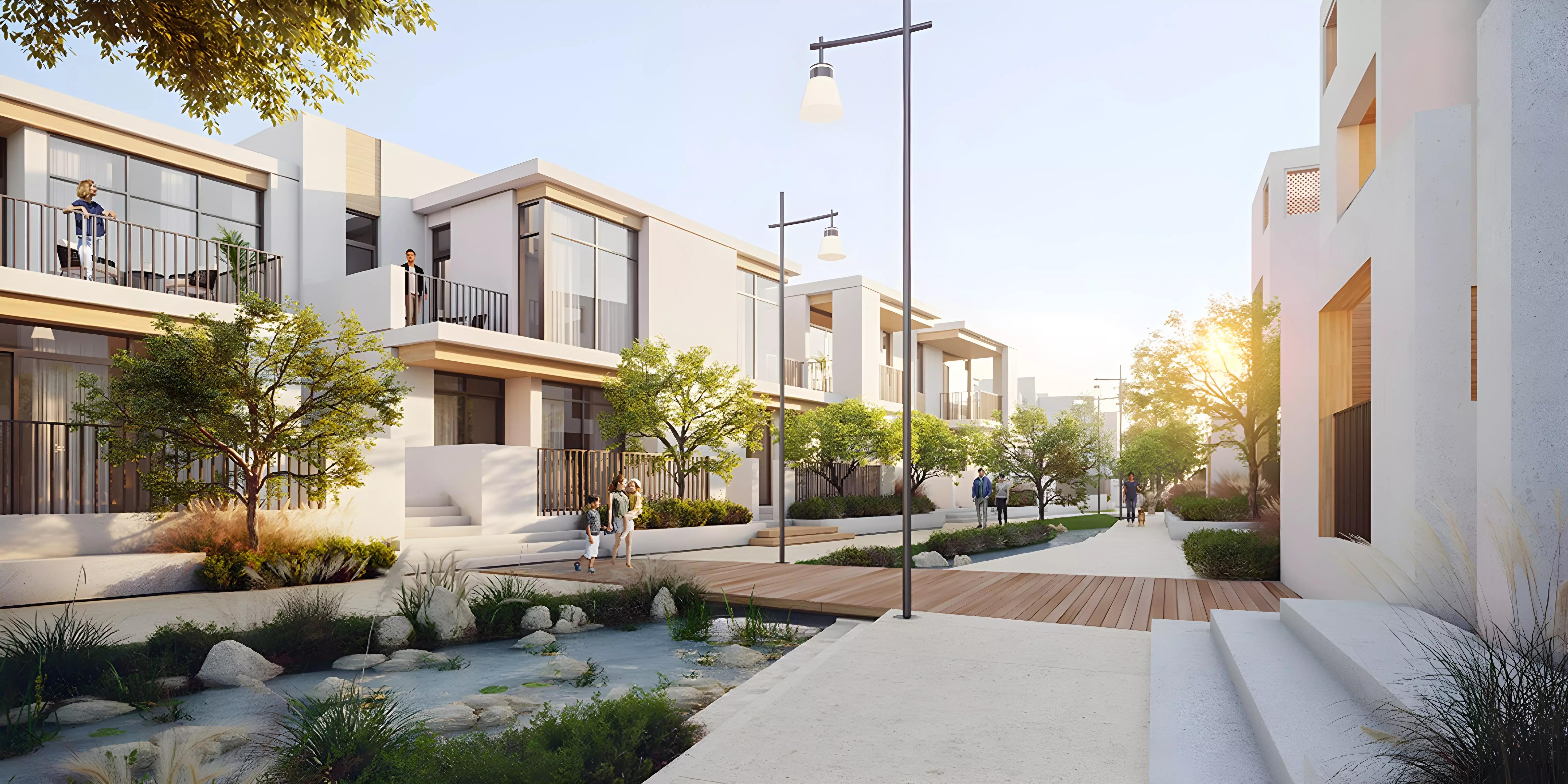 Bliss townhouse street view with landscaped front gardens, Arabian Ranches 3