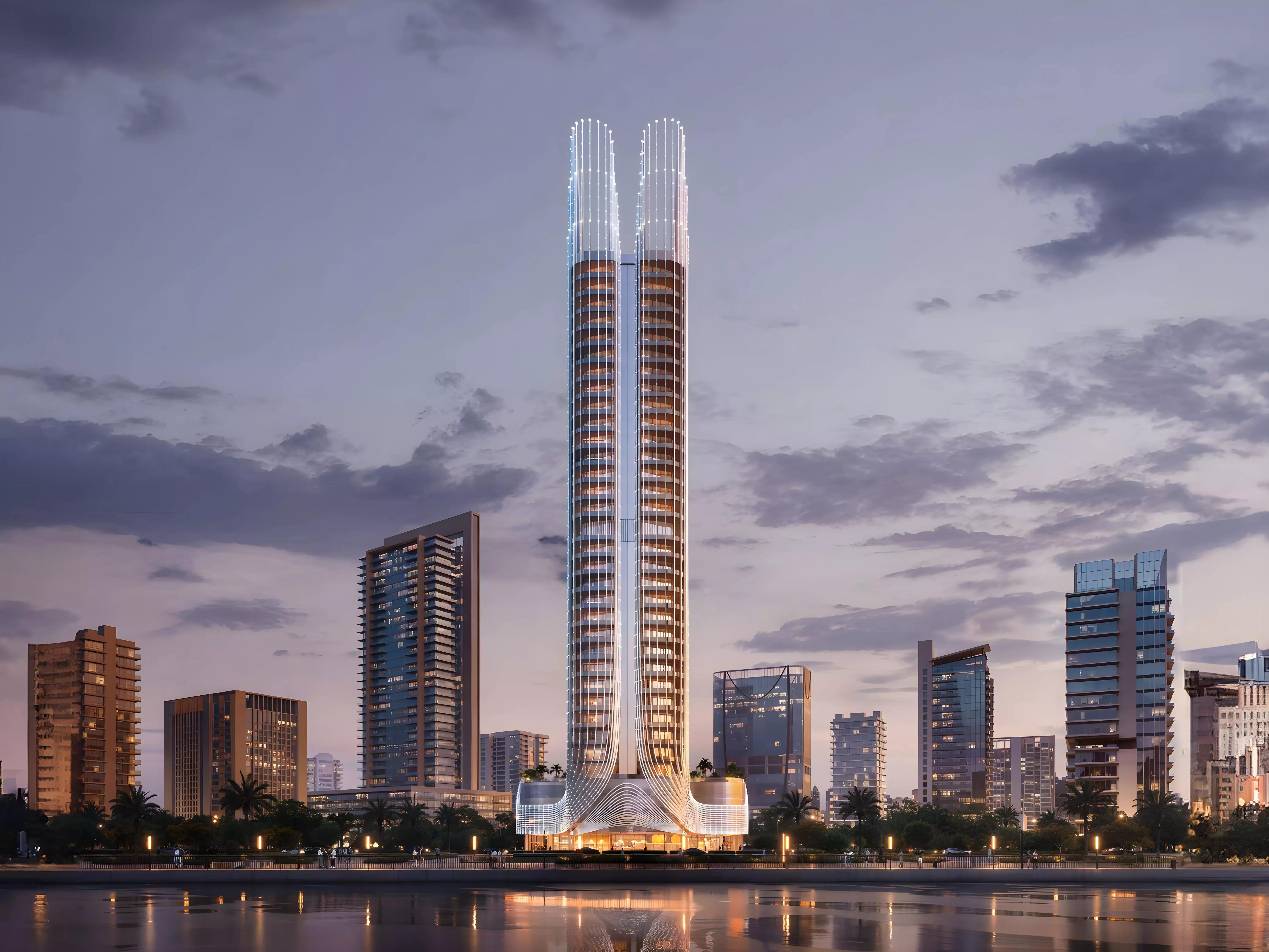 Binghatti Skyhall building facade and architectural detail, Business Bay