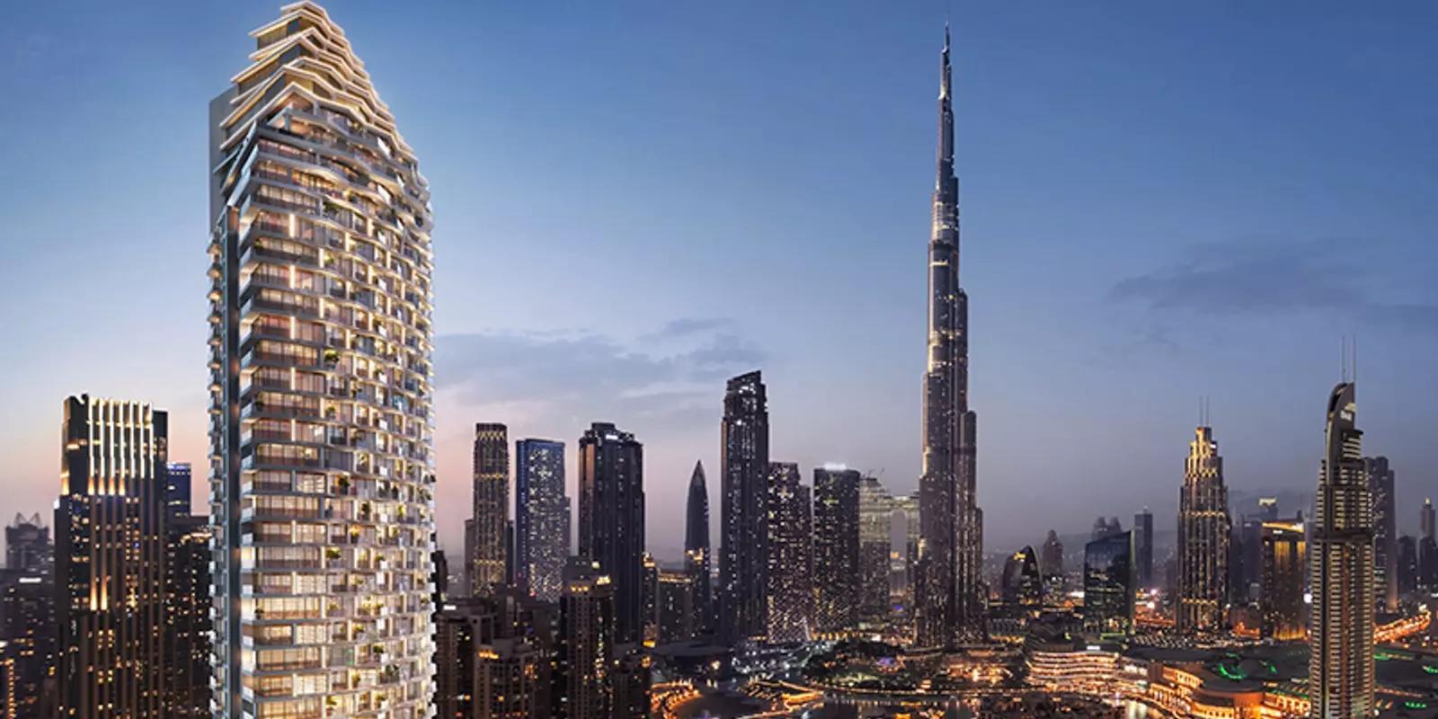 W Residences Dubai shared pool deck with skyline view