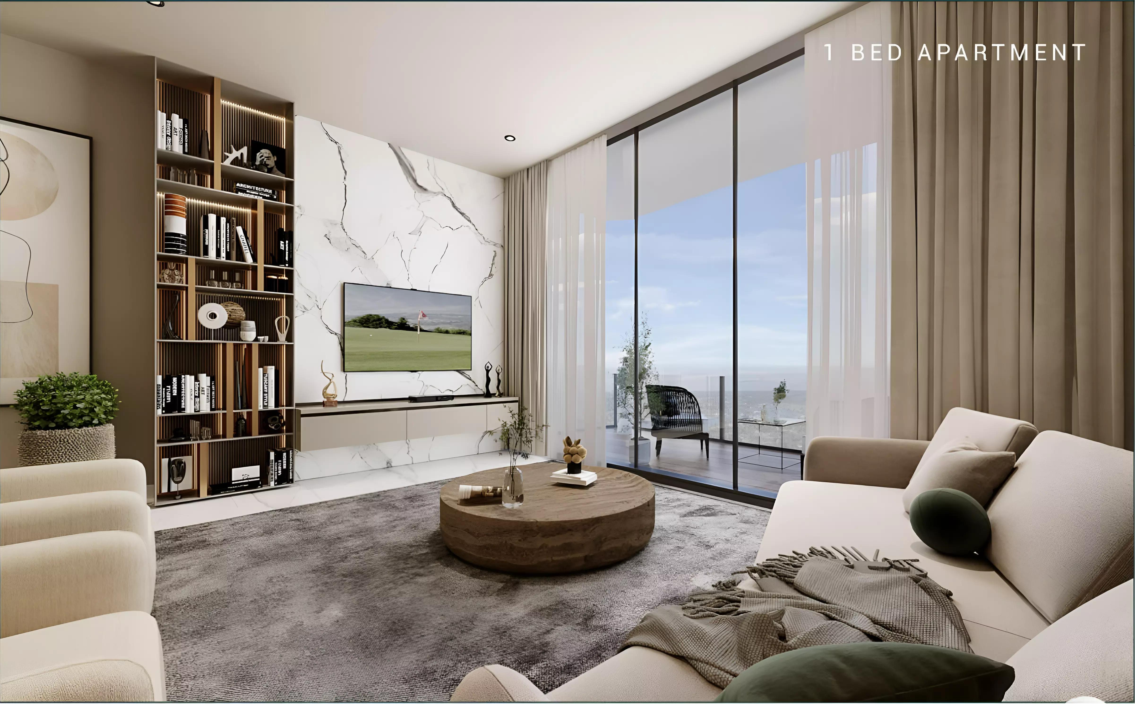 Milos by Karma residential tower street-level perspective, Dubai Land Residence Complex