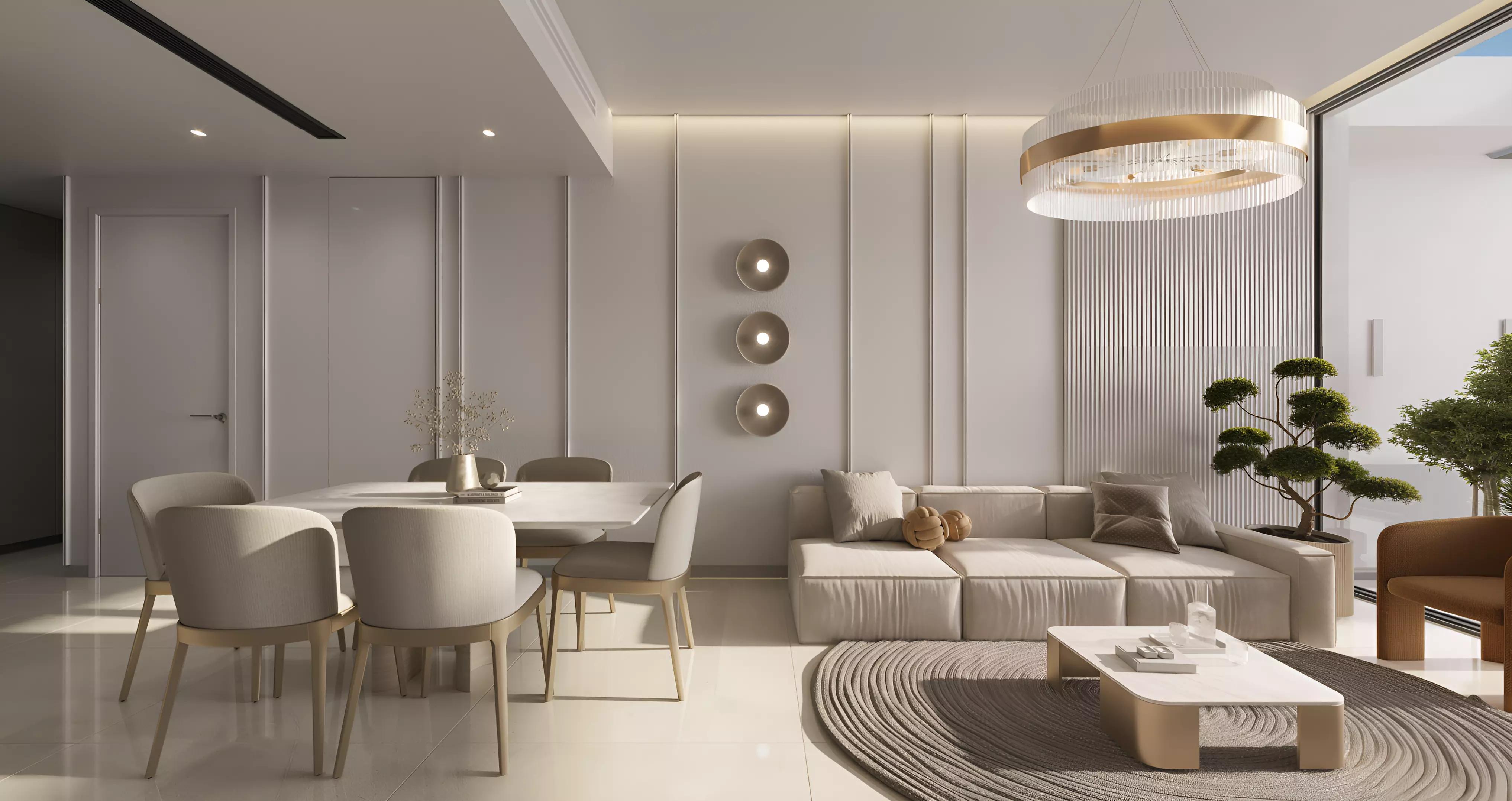 Woodland Crest apartment interior living space, Meydan, Dubai