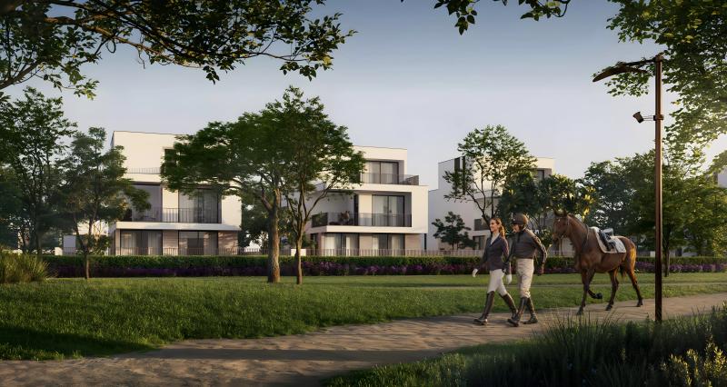 Equiterra townhouse exterior with landscaped frontage, Grand Polo Club and Resort, DIP 2, Dubai